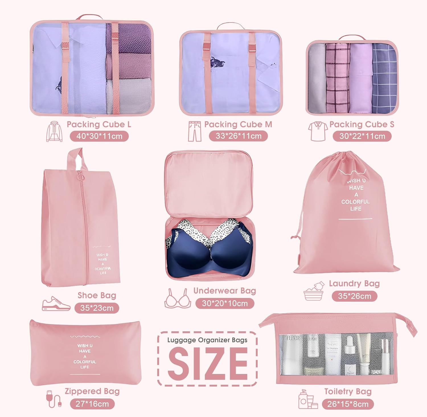 8PCS Packing Cubes for Travel, Luggage Organizer Bags with Shoe & Laundry Bag, Mesh Travel Essentials Bags, Durable & Lightweight Various Sizes Suitcases Packing Organisers (Pink, Set of 8) - Beige image number 6