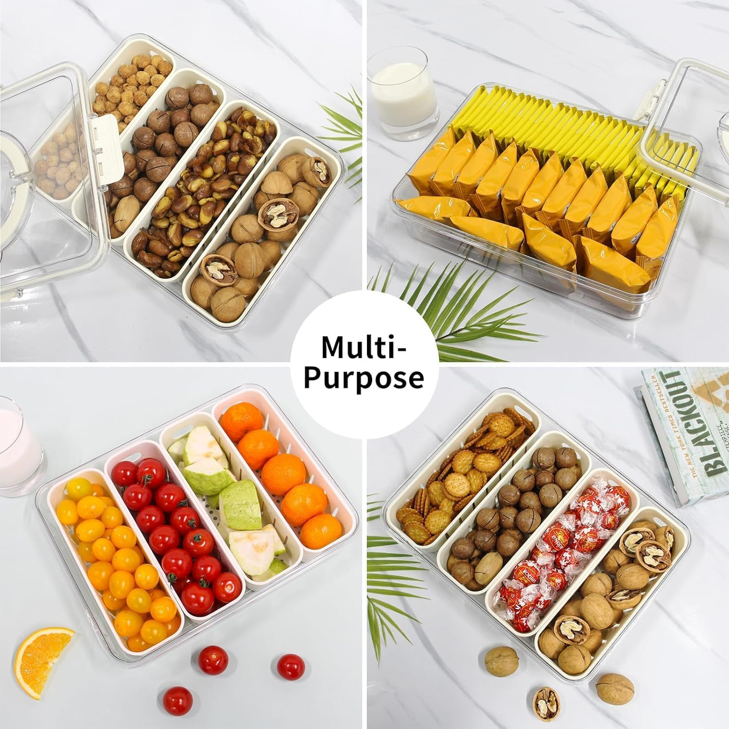Divided Serving Tray with Lid & Handle, 4 Compartments Snacks Box, Snack Fruit Fresh-Keeping Tray, Veggie Tray, Portable Snack Platter for Candy Fruits Nuts Snack Party Entertaining Picnic image number 6