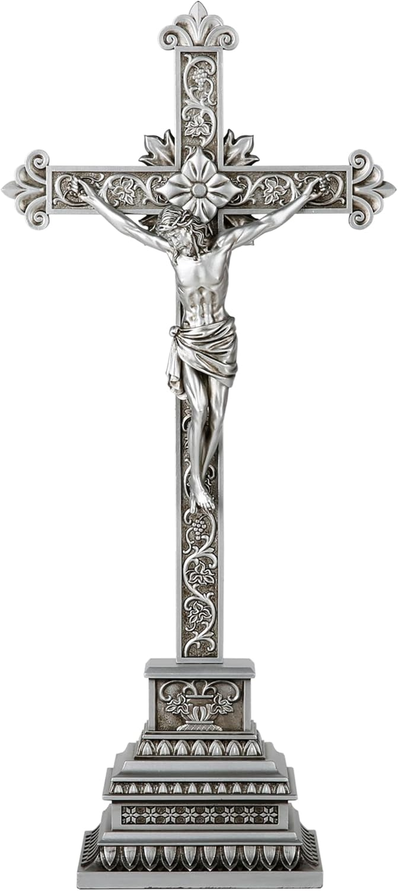 Standing Crucifix - 16 Inch Jesus Cross with Base for Home Table Decor, Silver Crucifix Standing Cross Catholic Wedding Altar Religious Gifts