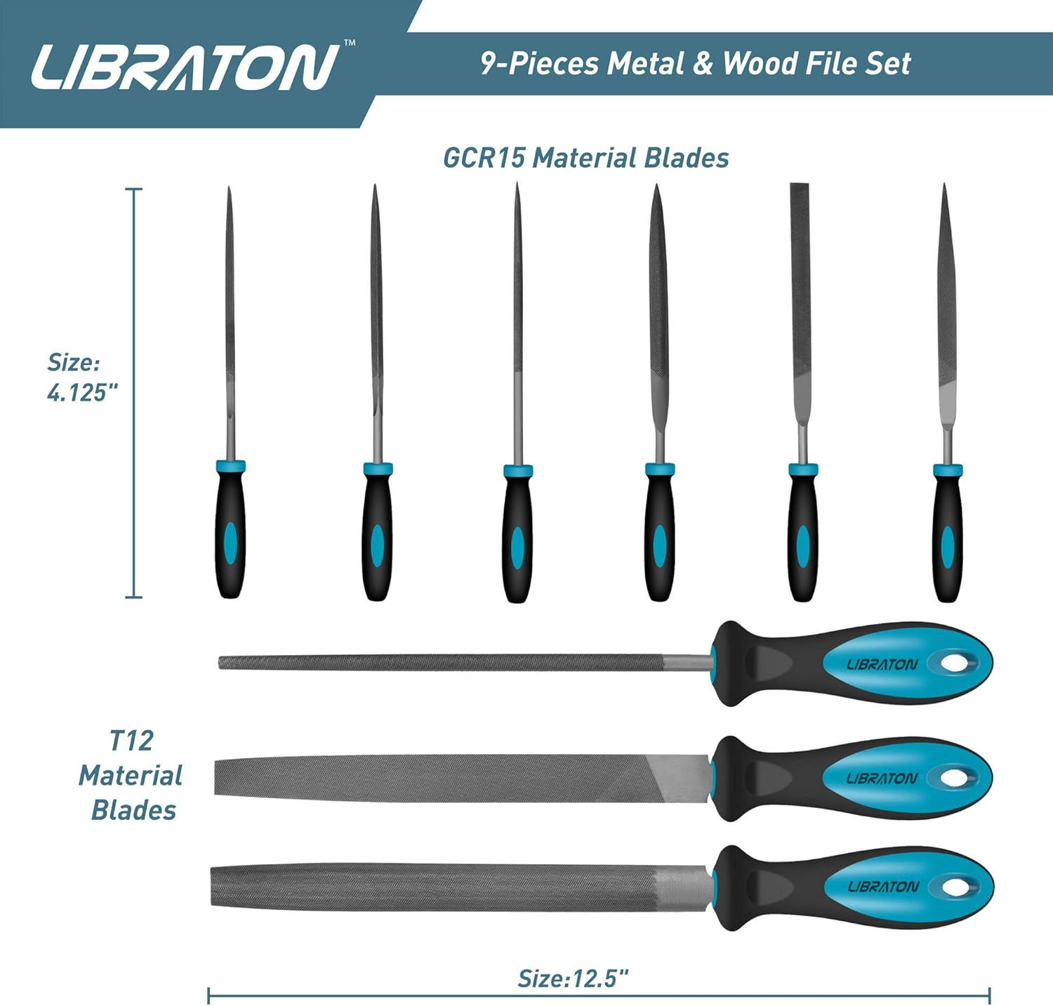 LIBRATON Metal Files 9Pcs, File Set for Metal, Needle Files, Files Rasps, Flat, Round, Half-Round Files for Metalworking, Metal, Woodworking, Wood, Carpentry