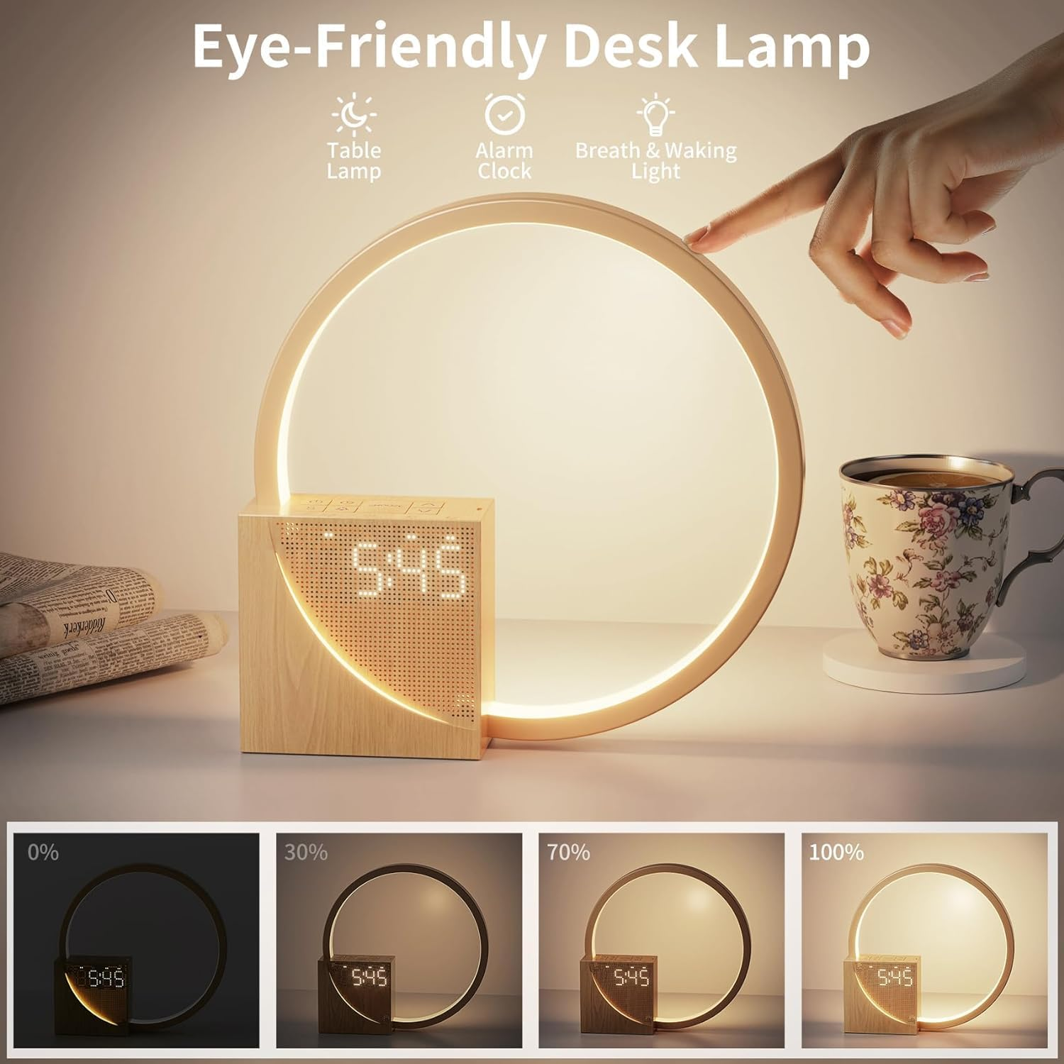 Vnoeom Alarm Clock Bedside Lamp, Touch Table Lamp with Natural Sounds, Desk Lamp with Alarm Clock, Touch Control 3 Levels Brightness,Night Light for Bedroom, Living Room, Nightstand image number 5