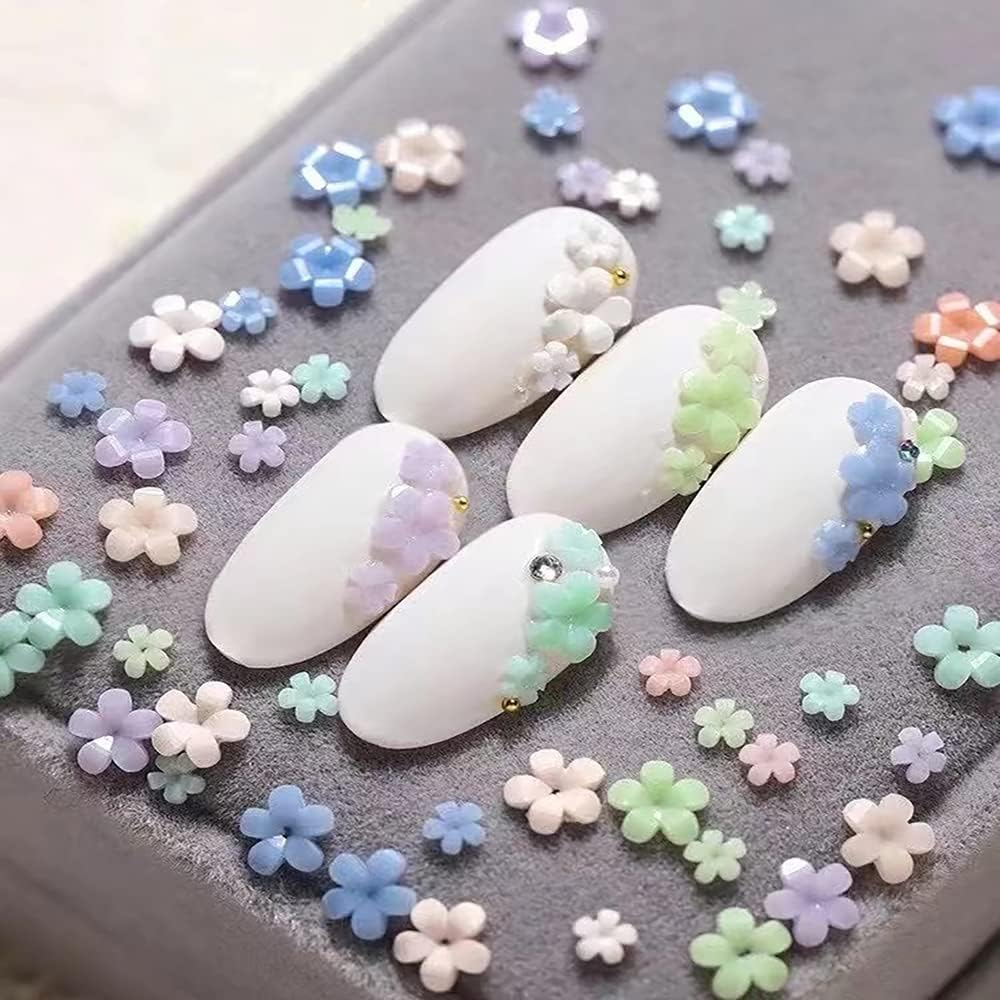 3D Flower Nail Art Charms, 6 Grids 3D Acrylic Nail Flowers Rhinestone Light Change Pink White Blue Cherry Blossom Acrylic Spring Nail Art Supplies with Pearls Manicure DIY Nail Decorations image number 1