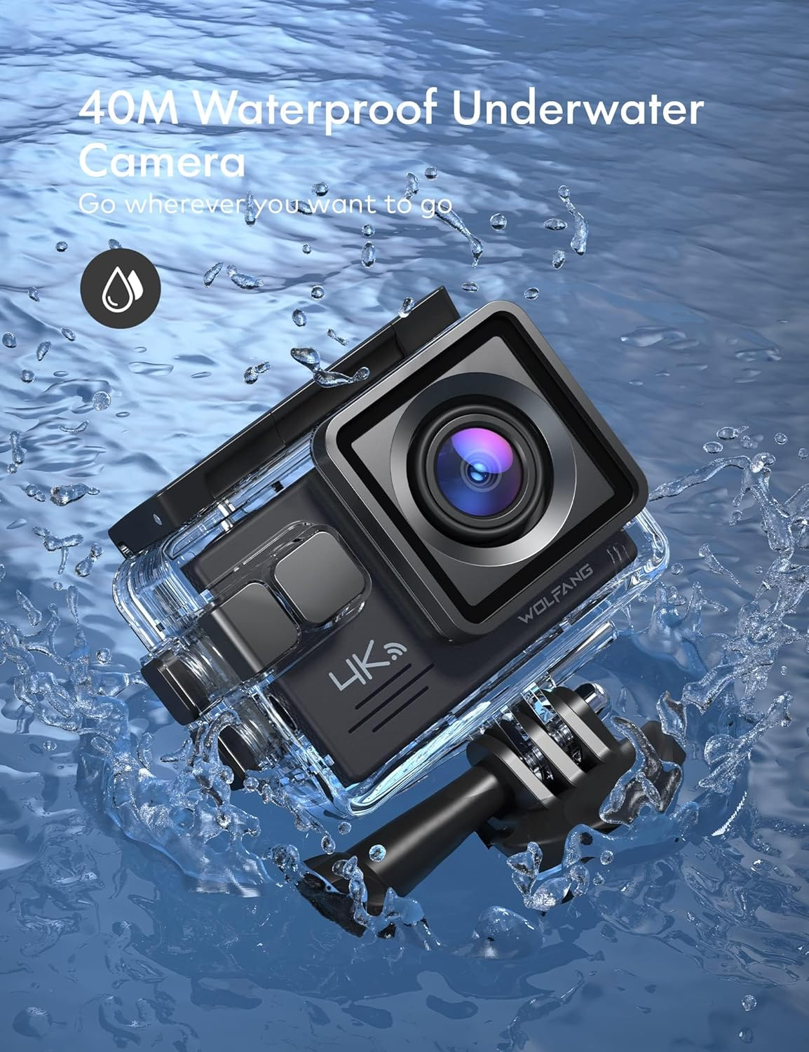 WOLFANG Action Cam 4K30FPS 20MP with 32GB Microsdxc Memory Card Wifi 40M Underwater Camera Waterproof Ice Action Cam Remote Control Microphone Accessory Kit