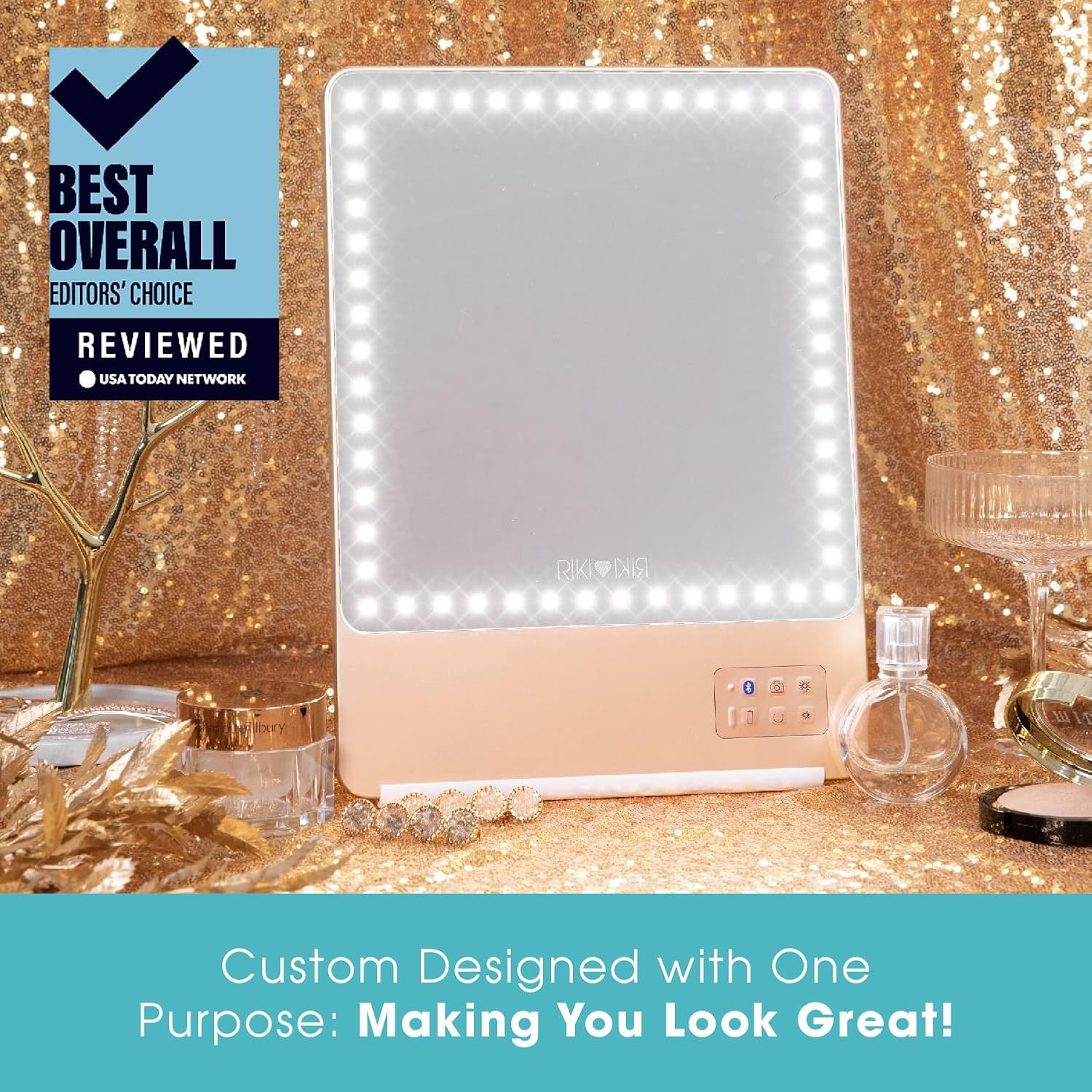 Riki Skinny Smart Vanity Mirror with HD Leds, Magnifying Mirror Attachment, Phone Holder and Bluetooth Control (5X Magnification, Champagne Gold) - Champagne Gold image number 2