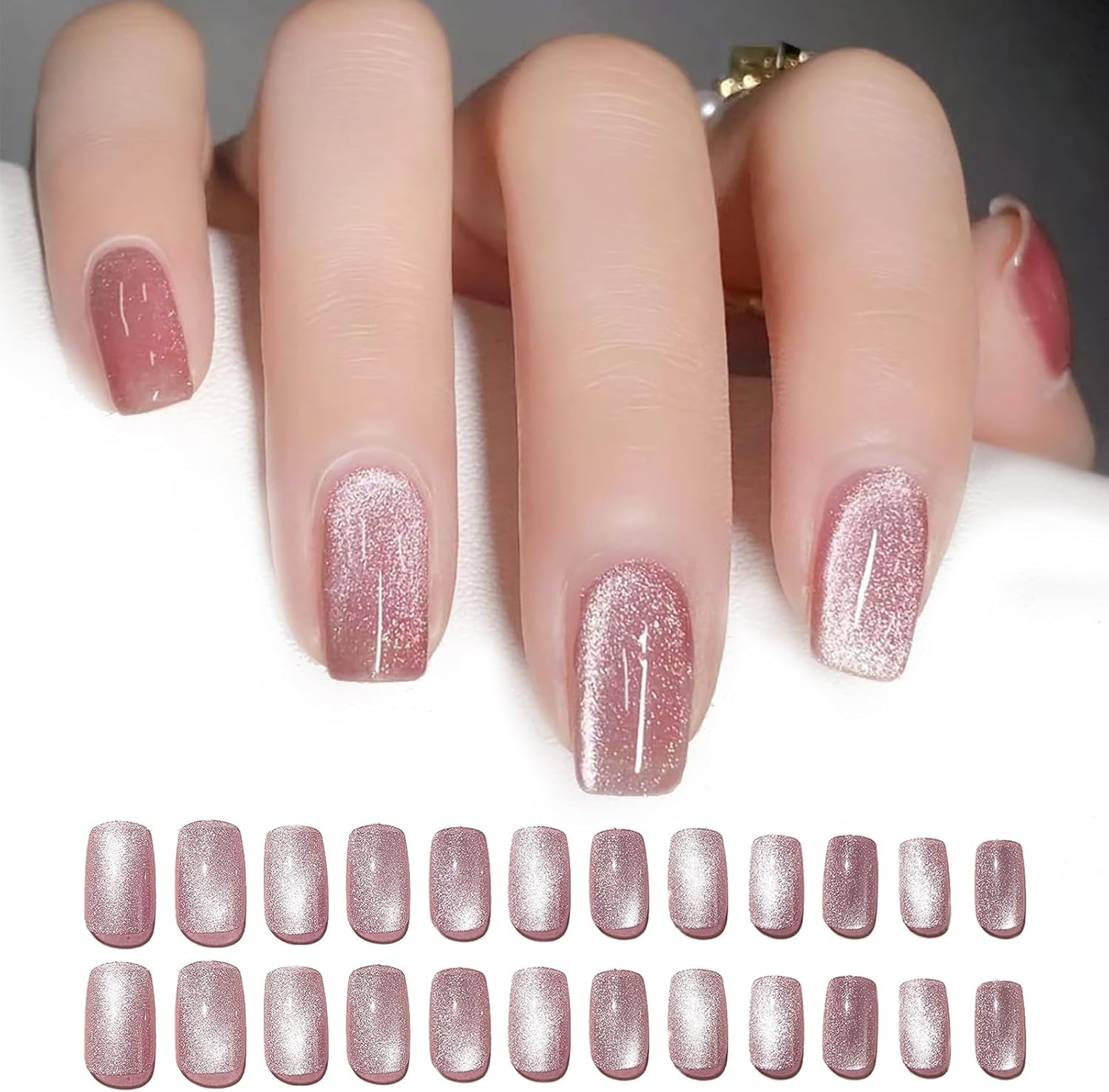 Qioon 24 Pcs Cat Eye Press on Nails, Pink Glitter French False Nails with Adhesive Tabs, Short Square Stick on Fake Fingernails for Women and Girls, Easy Nail Art Design image number 6