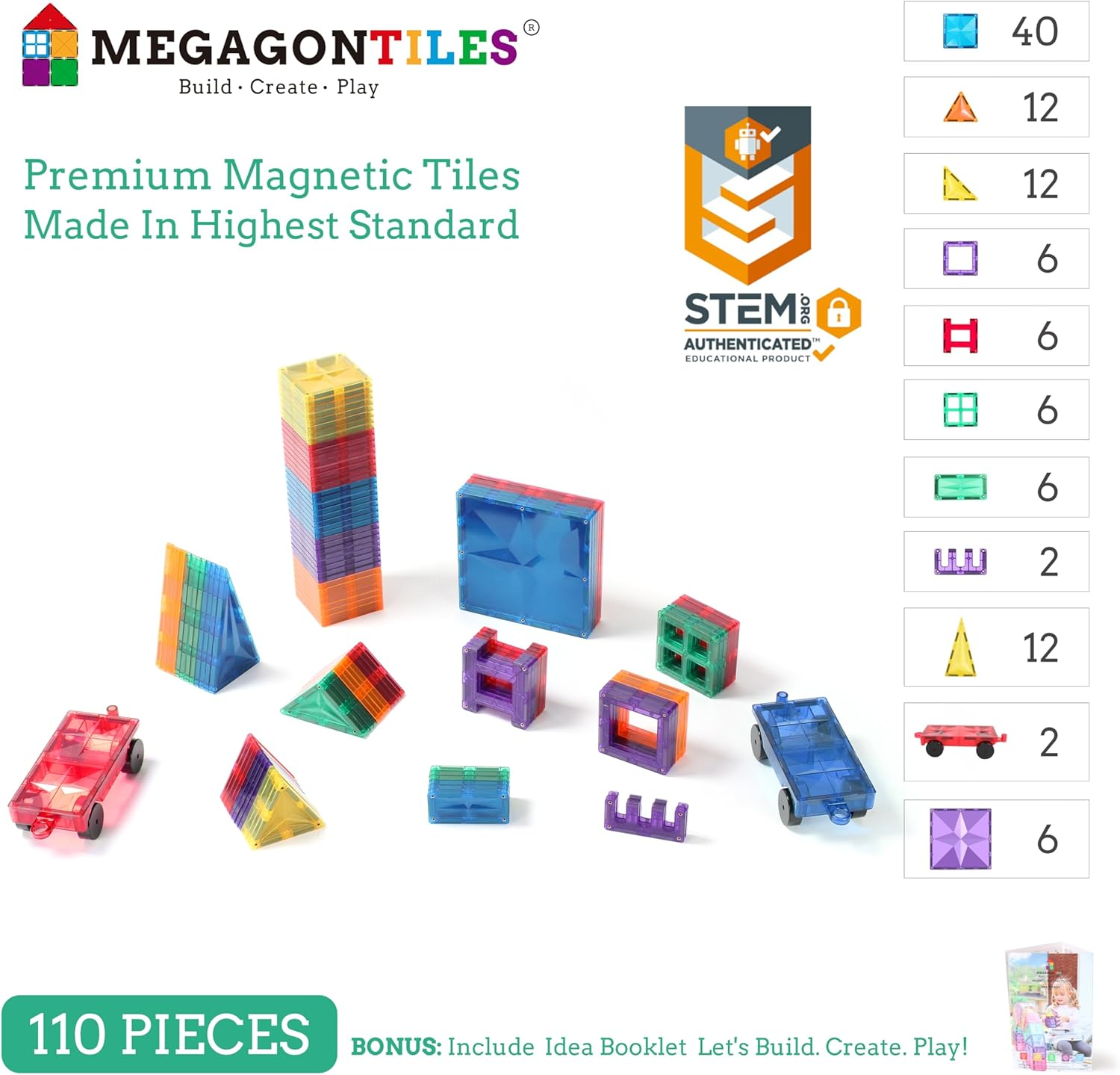 110PCS Premium Magnetic Tiles | STEM AUTHENTICATED | Magnetic Blocks | Magnetic Toys | Magnetic Building Blocks|Toddler Boys Girls 3-10 Year Old | Idea Books & Storage Bag image number 2