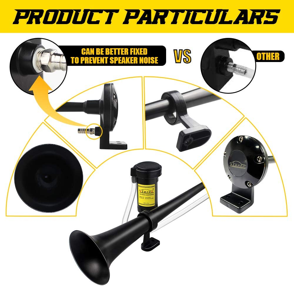12V 150Db Air Horn, 18 Inches Chrome Zinc Single Trumpet Truck Air Horn with Compressor for Any 12V Vehicles Lorrys Trains Boats Cars (Black) image number 6