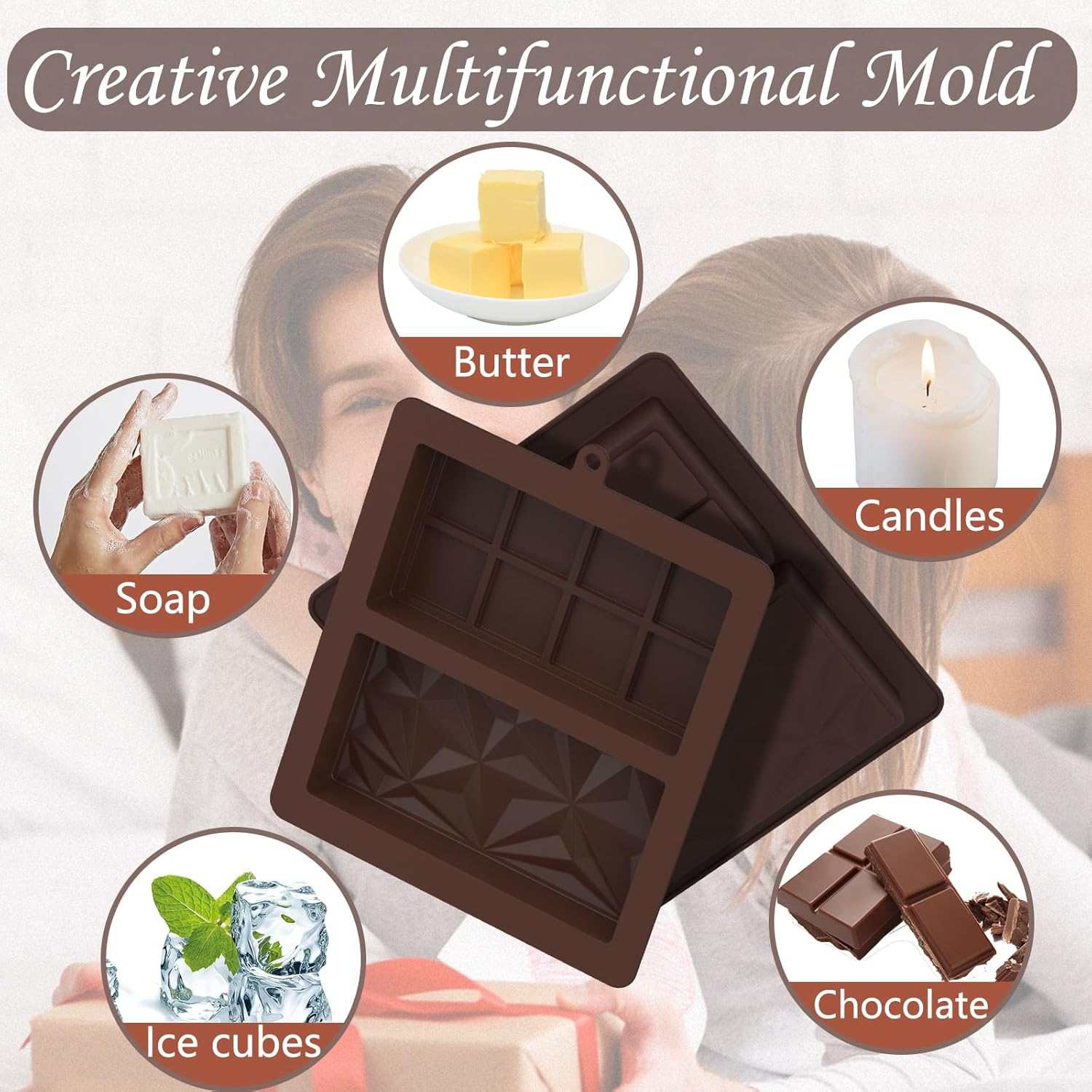 2PCS Chocolate Moulds，Geeric Dubai Deep Chocolate Bar Mold Silicone Deep Upgraded Break Apart Non-Stick Easy Release Chocolate DIY Molds Baking Molds for Wax Melts,Candy,Jell