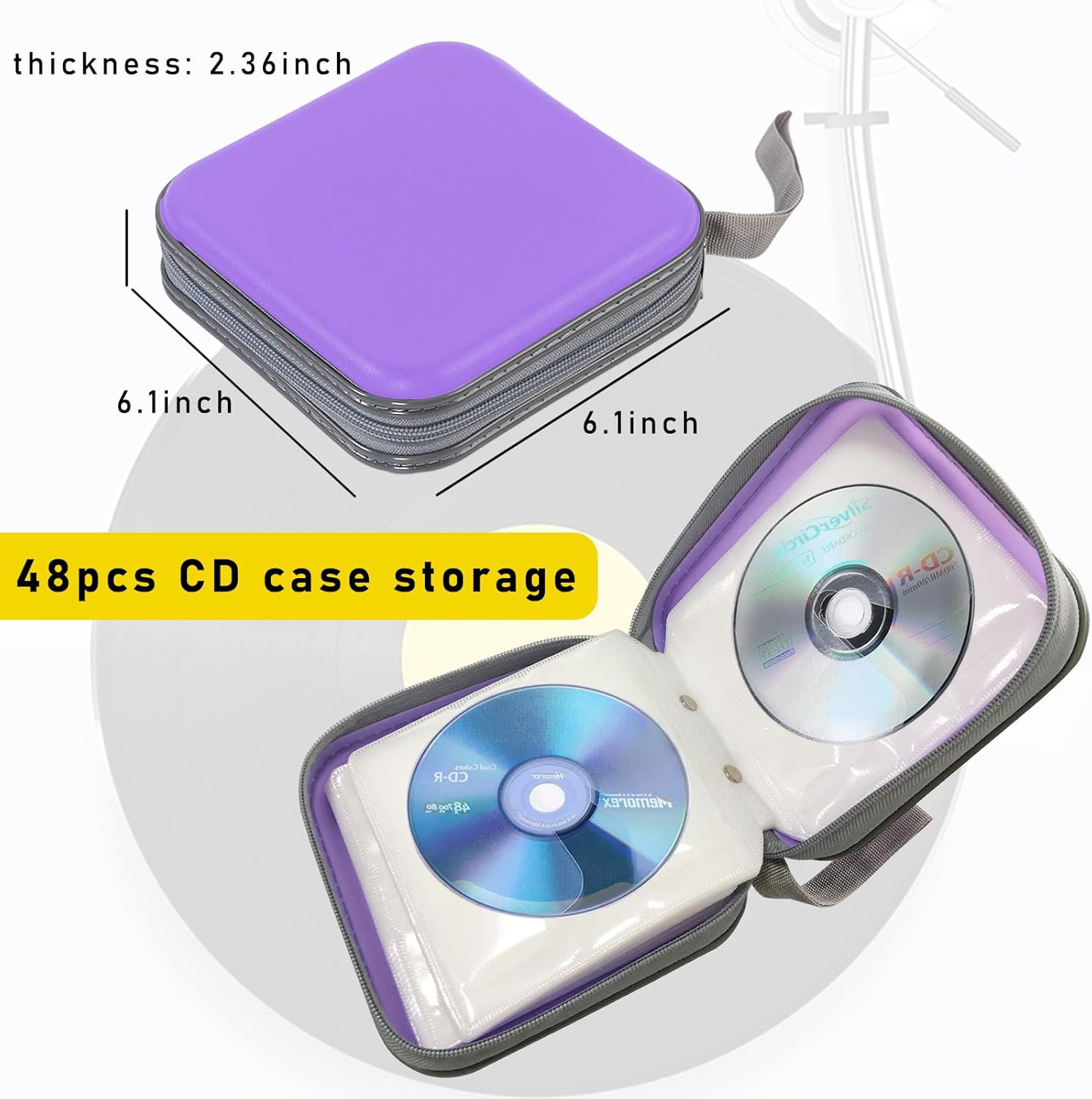 Augeny 48 Capacity CD Case, Portable DVD Hard Plastic Case Holder, Wallet Disc Storage Binder for Car, Home, Travel, Carrying Organizer, Universal Protective DVD Storage Zipper Box (Light Purple) image number 4