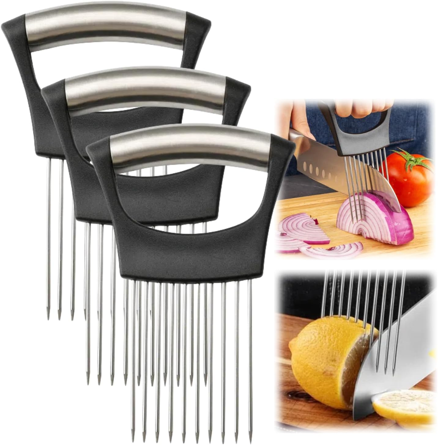 Onion Slice Holder, 2024 New Stainless Steel Onion Holder for Slicing, Chopper Slicing Assistant Tool, Cutter for Slicing of Meat, Onion, Potato, Tomato Kitchen Gadgets (Black, 1 Pack)