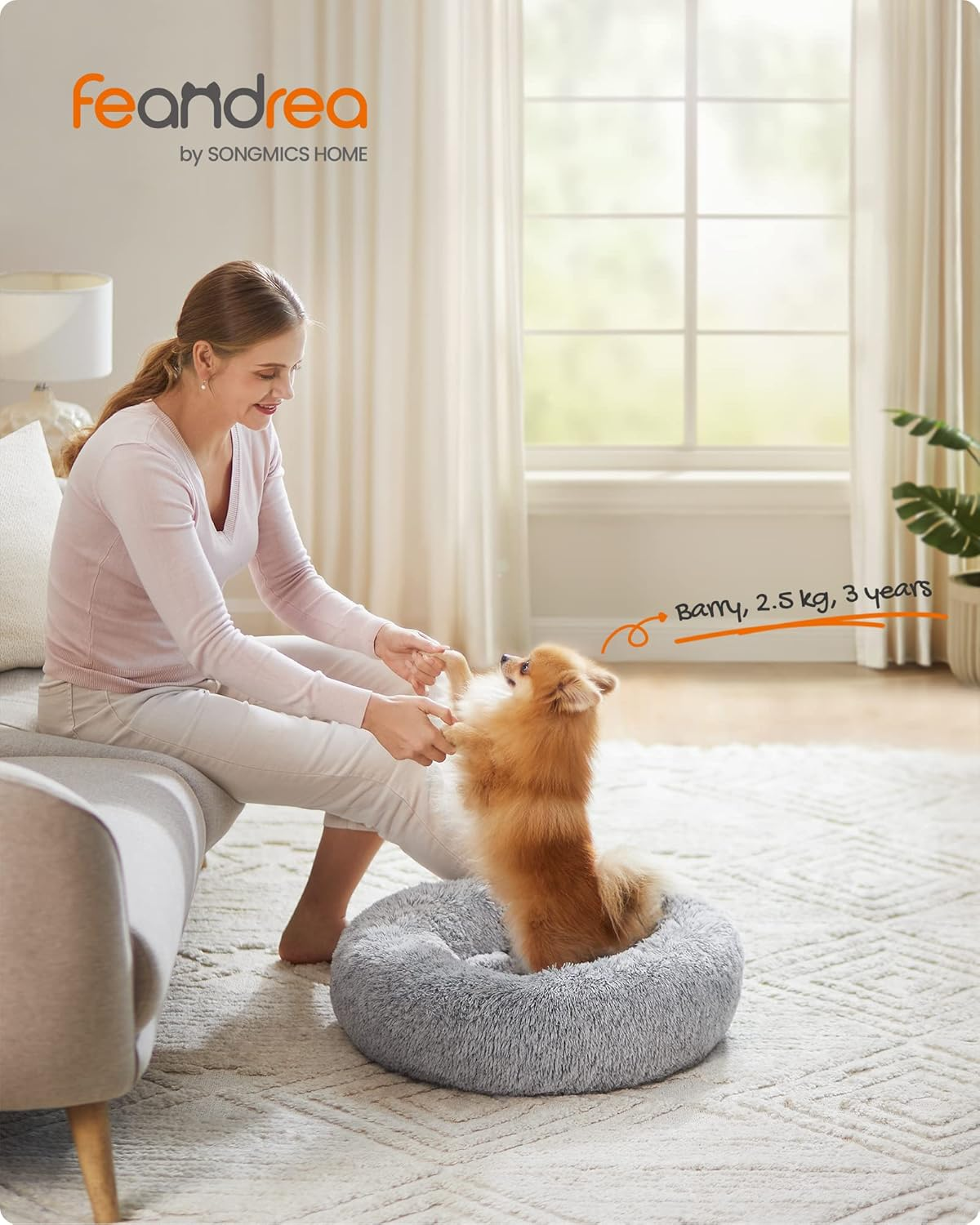 Feandrea Fluffy Dog Bed, Cat Bed, Doughnut Cushion, Washable, Removable Padding in the Centre, Long Plush, 60 Cm Diameter, Ombre Grey PGW038G01 image number 3