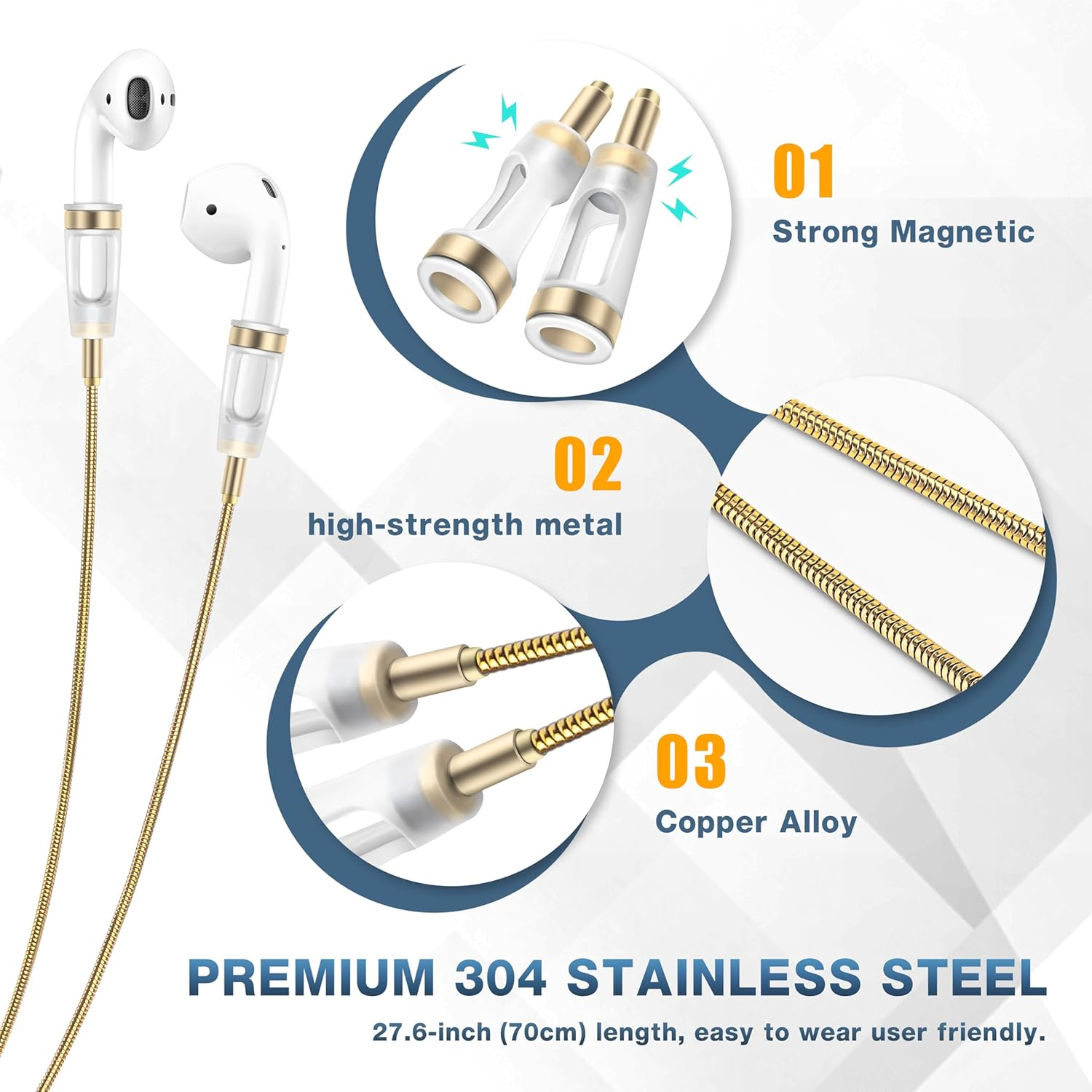 Anti-Lost Neck Strap for Airpods, Strong Magnetic Necklace Holder String, Sports Lanyard for Headphone Compatible with Airpods 1&2 /3Rd /Pro/Pro 2 S Gold image number 1