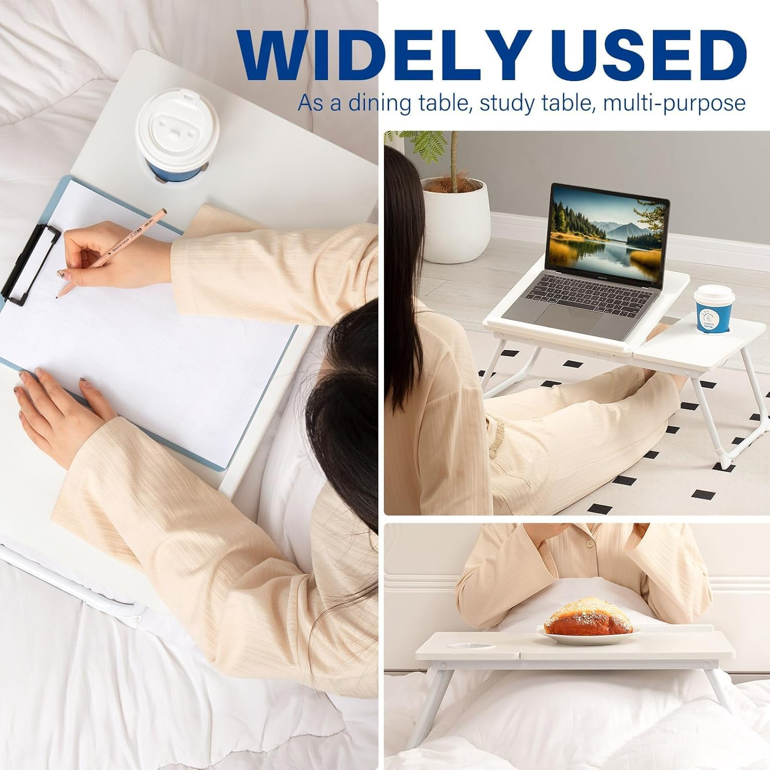 Folding Lap Desk, Foldable Laptop Stand Bed with Cup Holder,Portable & Lightweight,Lap Tablet Desk Breakfast Serving Tray for Sofa Couch (White) image number 3