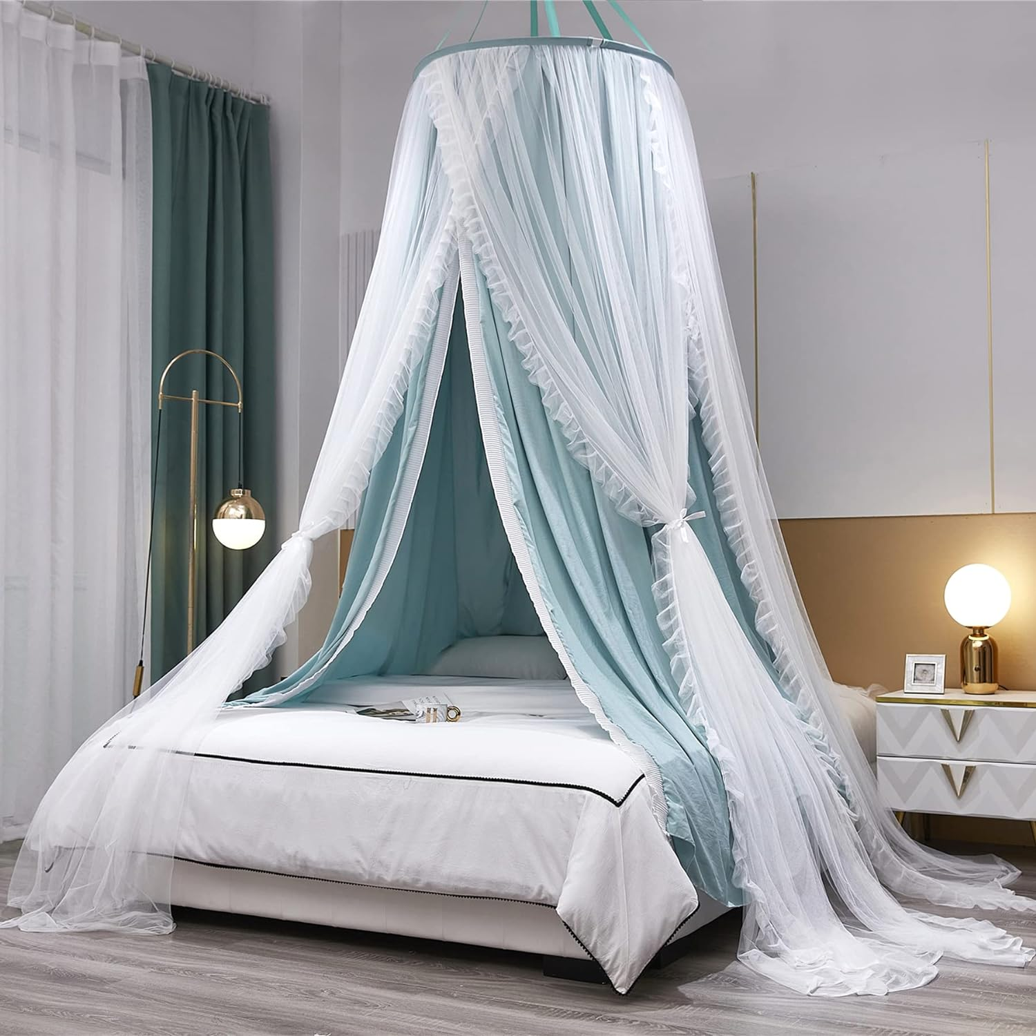 VETHIN Double Layer Princess round Dome Canopy Bed Curtain for Girls Adults,Children Dreamy Mosquito Net,Cute Bedroom Decoration Castle Play Tent Reading Nook Canopies (Dome-White/White)