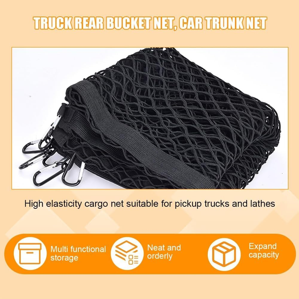 Cargo Net for SUV Pickup Truck Bed 4'X4&rsquo; Stretches to 7&lsquo;X 7&rsquo; with 6Pcs Metal Carabiner Single Layer Durable Highly Stretchable Elastic Mesh, Auto Storage Accessories,Universal for Vehicles image number 3