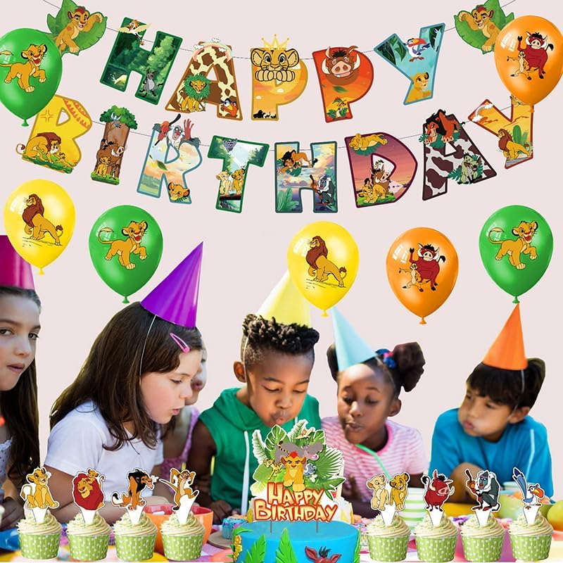 Dinoeye Lion King Birthday Decoration Pack: 17Pcs Cake Toppers, 1Pcs Banner, 18Pcs Balloons (Berry, Yellow) image number 4