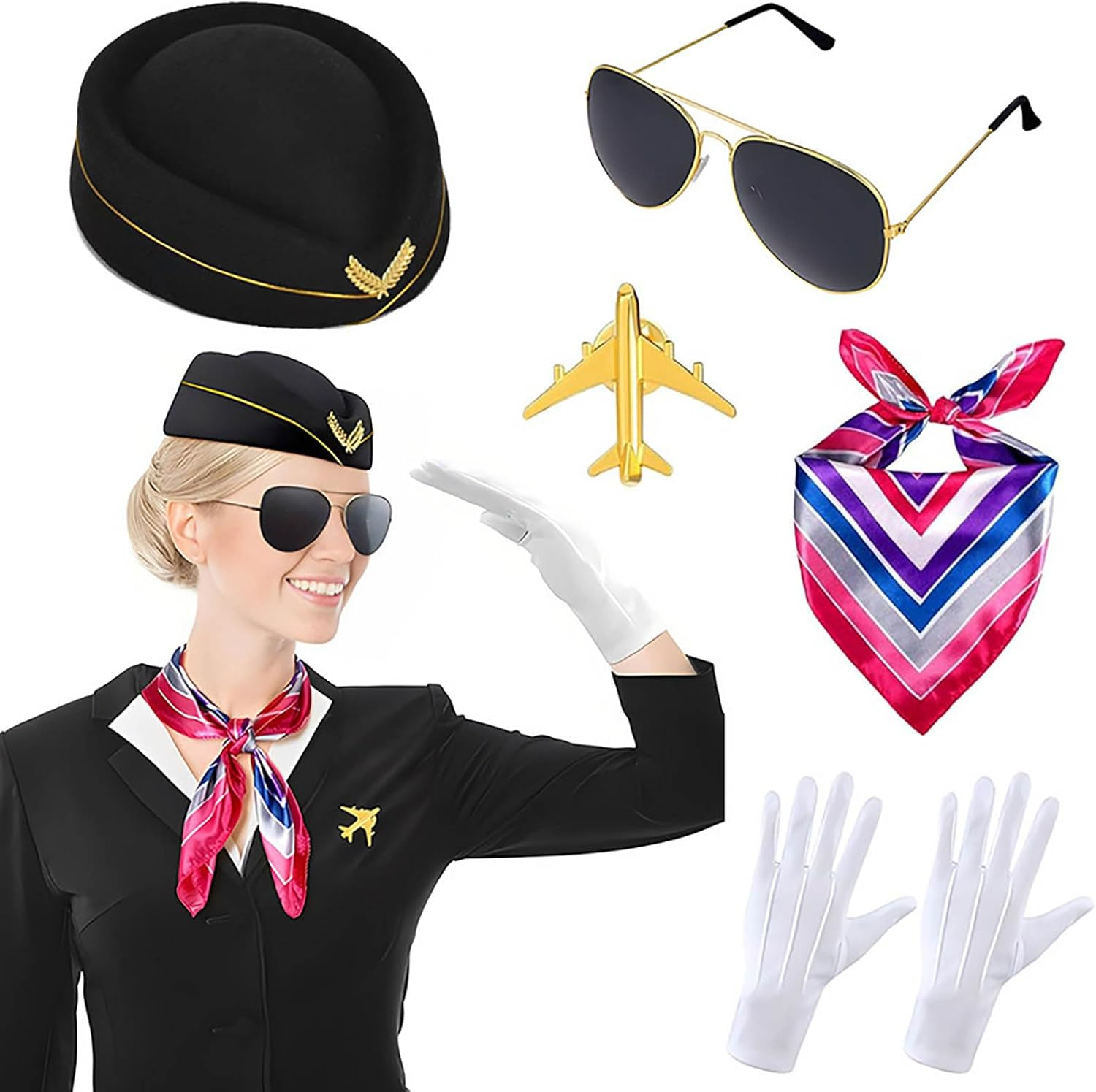 Pilot and Flight Attendant Accessories for Adult Men and Women Costume Accessory Stewardess Outfits Bellhop Hat Scarf Sunglasses Gloves