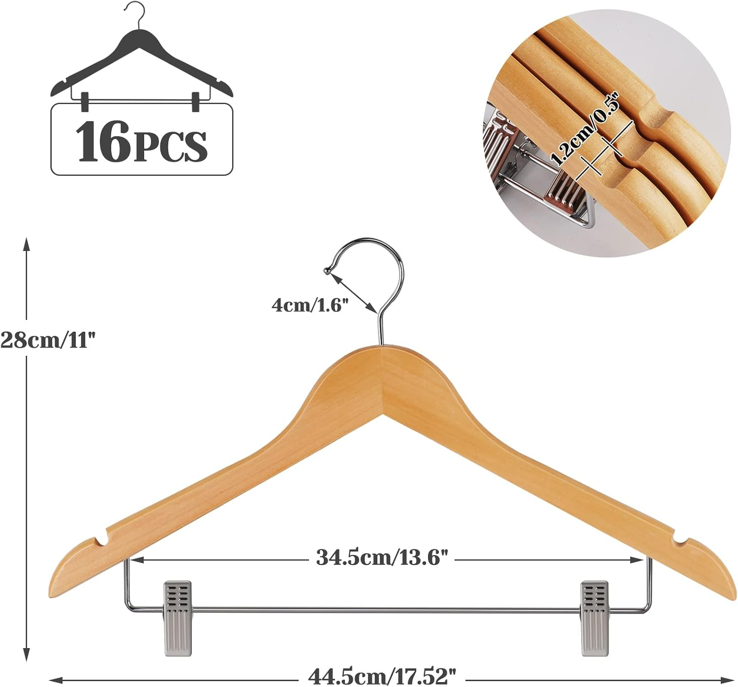 HOUSM 16Pack Wooden Skirt Hangers with Clips, Solid Wood Pants Hangers, Natural, Smooth Finish, High-Grade Selected Wood, Sturdy Metal Clips for Blouse, Dress, Coat, Jacket image number 5