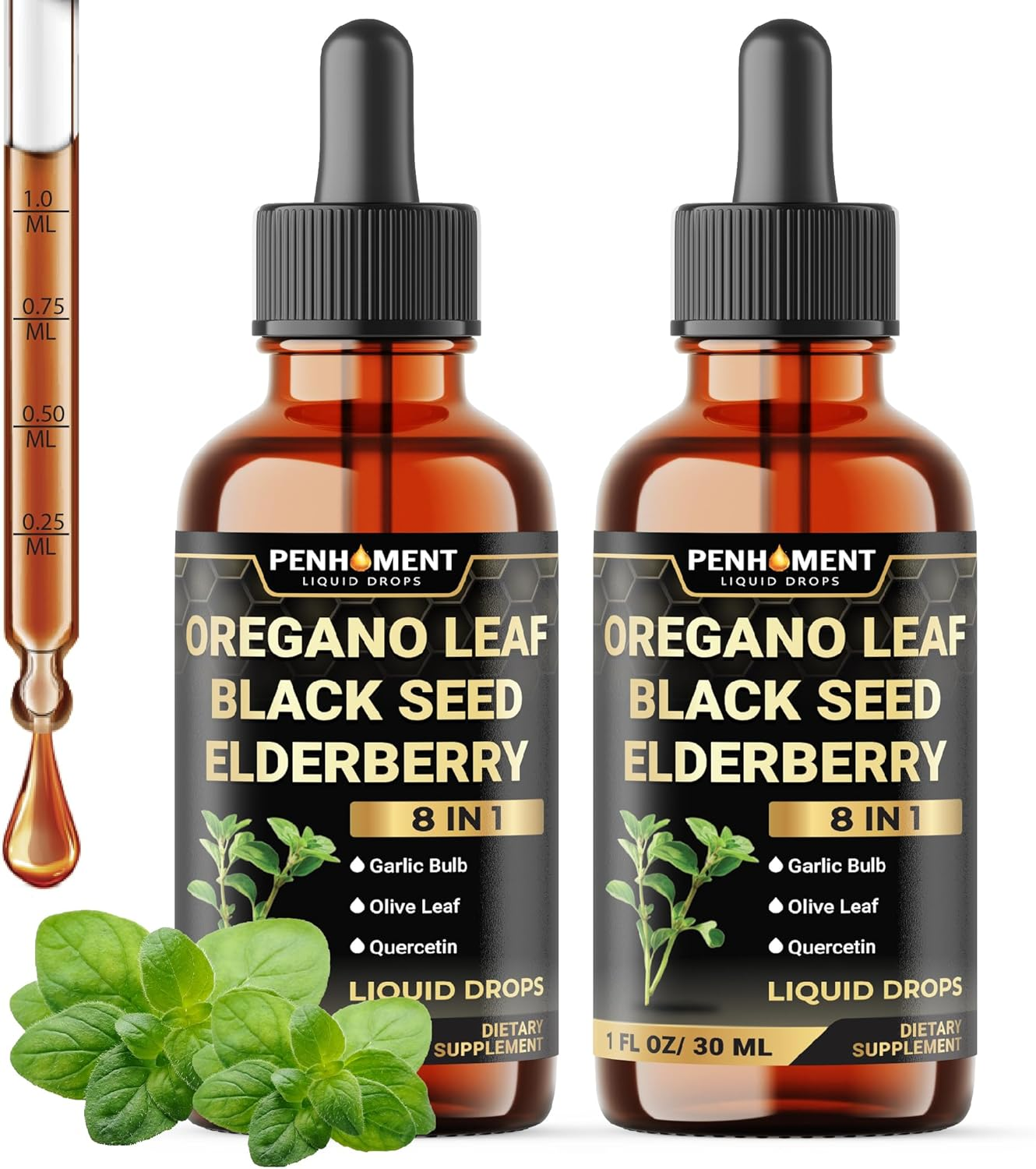 PENHOMENT 8In1 Oregano Oil Liquid Drops with Black Seed Oil, Garlic, Elderberry, Olive Leaf, Quercetin, Bromelain & Black Pepper - 2 Packs of 1 Fl Oz image number 2