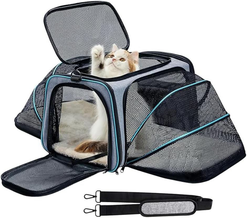 Expandable Pet Carrier, Hand-Held Foldable with Mesh Pocket, Large Capacity Pet Travel Bag with Fleece Pad, Suitable for Kittens, Rabbits, Puppies and Small Animals. (Gray Blue) image number 1