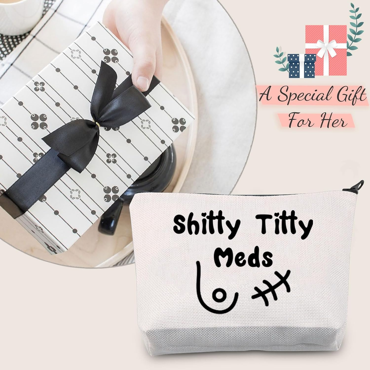 JXGZSO Breast Cancer Chemo Makeup Bag Shitty Titty Meds Cosmetic Bag Cancer Cheer up Gift Breast Cancer Awareness Gift, Shitty Titty Meds image number 2