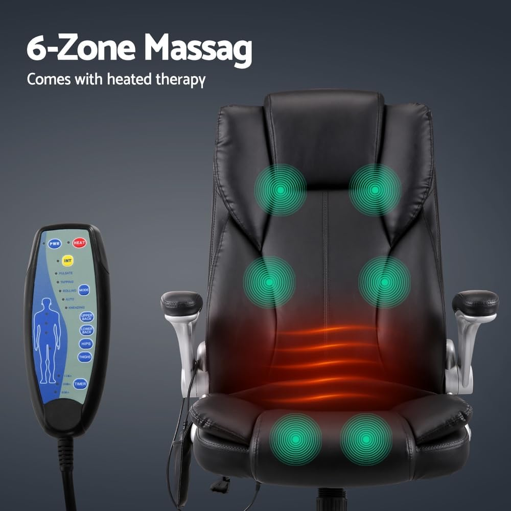 Artiss Massage Office Chair, Pu Leather 8 Point Ergonomic Gaming Computer Desk Chair Black with Remote Control,High Back Executive Chair with Foldable Armrest, Stainless Steel Foot and Nylon Wheel image number 5
