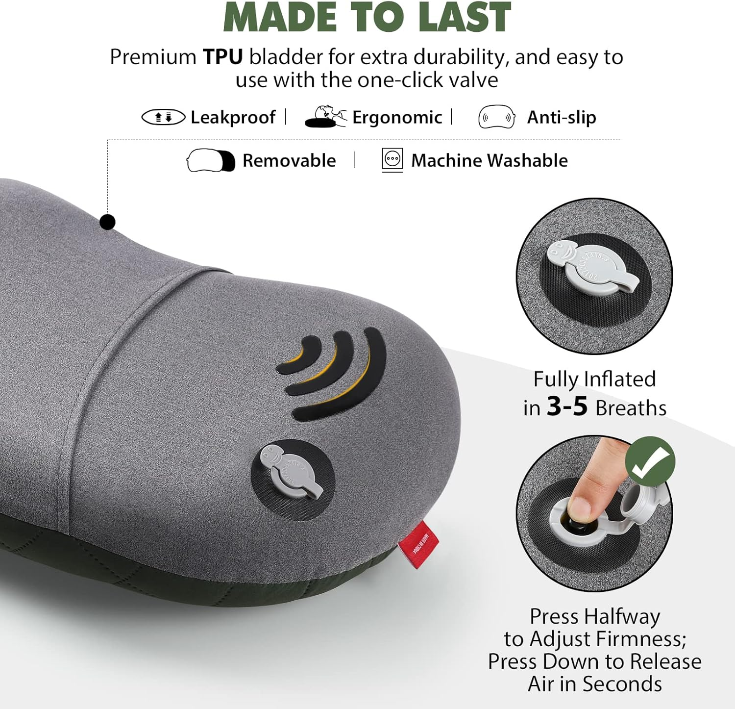 HIKENTURE Camping Pillow-Ultralight Inflatable Pillow with Removable Cover-Comfortable Ergonomic Blow up Pillow - Compressible Beach Pillow-Air Travel Pillow for Neck & Lumbar Support(Green) - Green image number 4