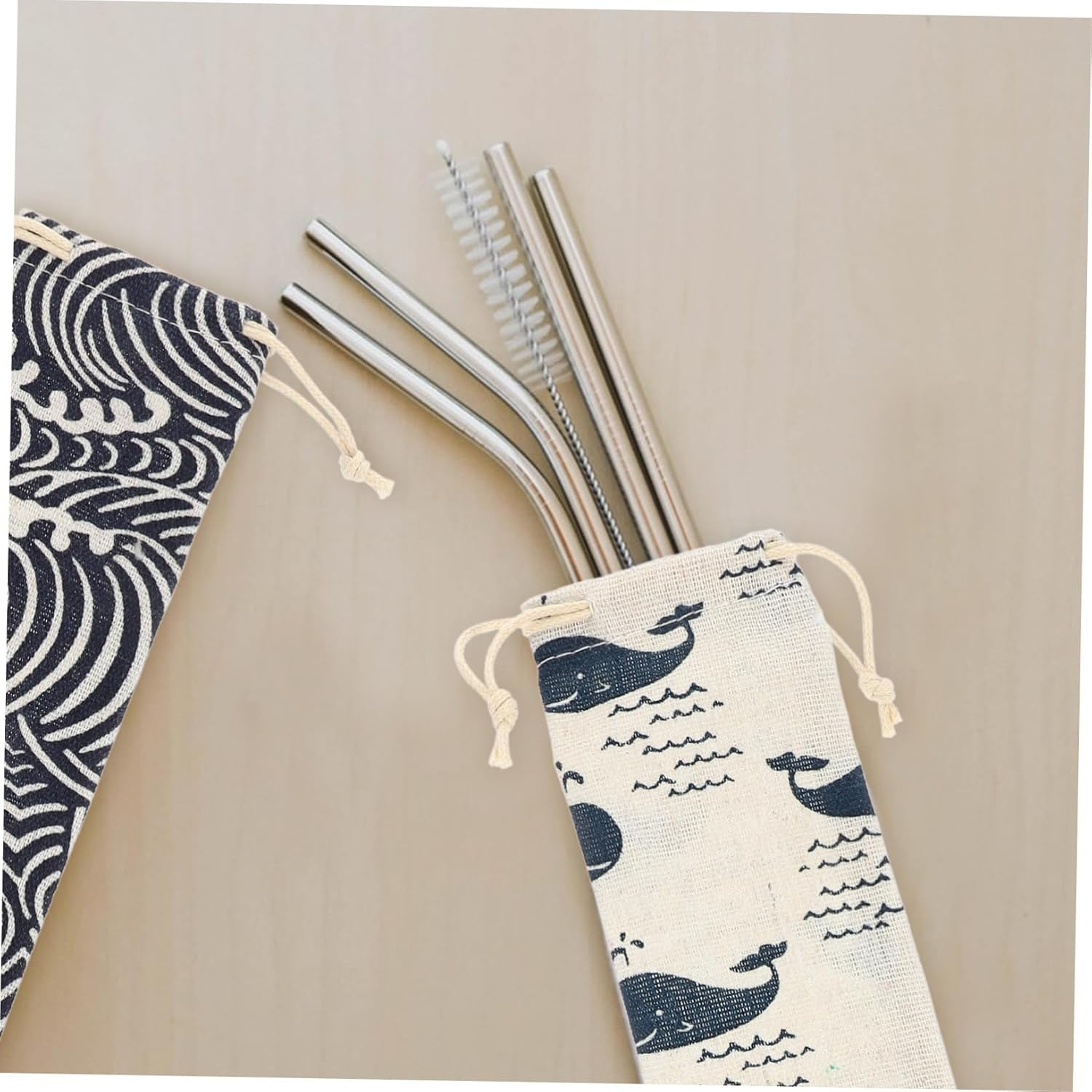 MOTHNUR Straw Carrying Case and Drawstring Storage Pouch, Cotton Linen Material, Reusable Travel Cutlery Bag for Fork Spoon, 5Pcs Mixed Style Set