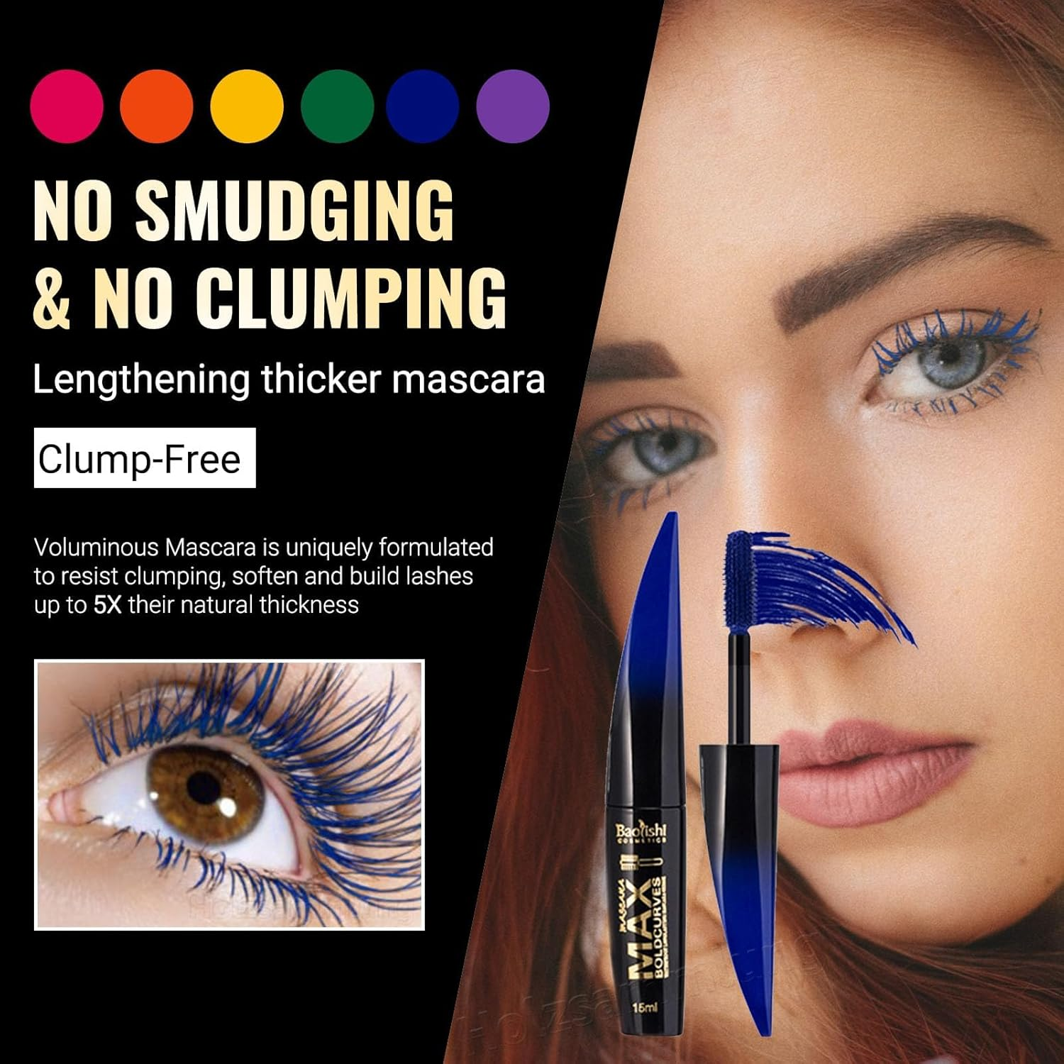 6Pcs Colored Mascara Waterproof - Volumizing, Lengthening & Clump-Free & False Lash Effect & Smudge - Proof Blue & Black & Brown Etc, Cosmetics Set for Women, Perfect for Christmas & Summer Parties image number 2