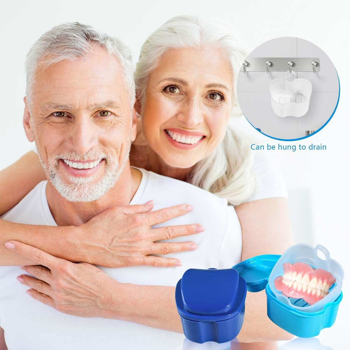 KISEER 2 Pack Denture Bath Case Cup Box Holder Storage Container with Denture Cleaner Brush Strainer Basket for Travel Cleaning (Light Blue and Blue) - Blue image number 3