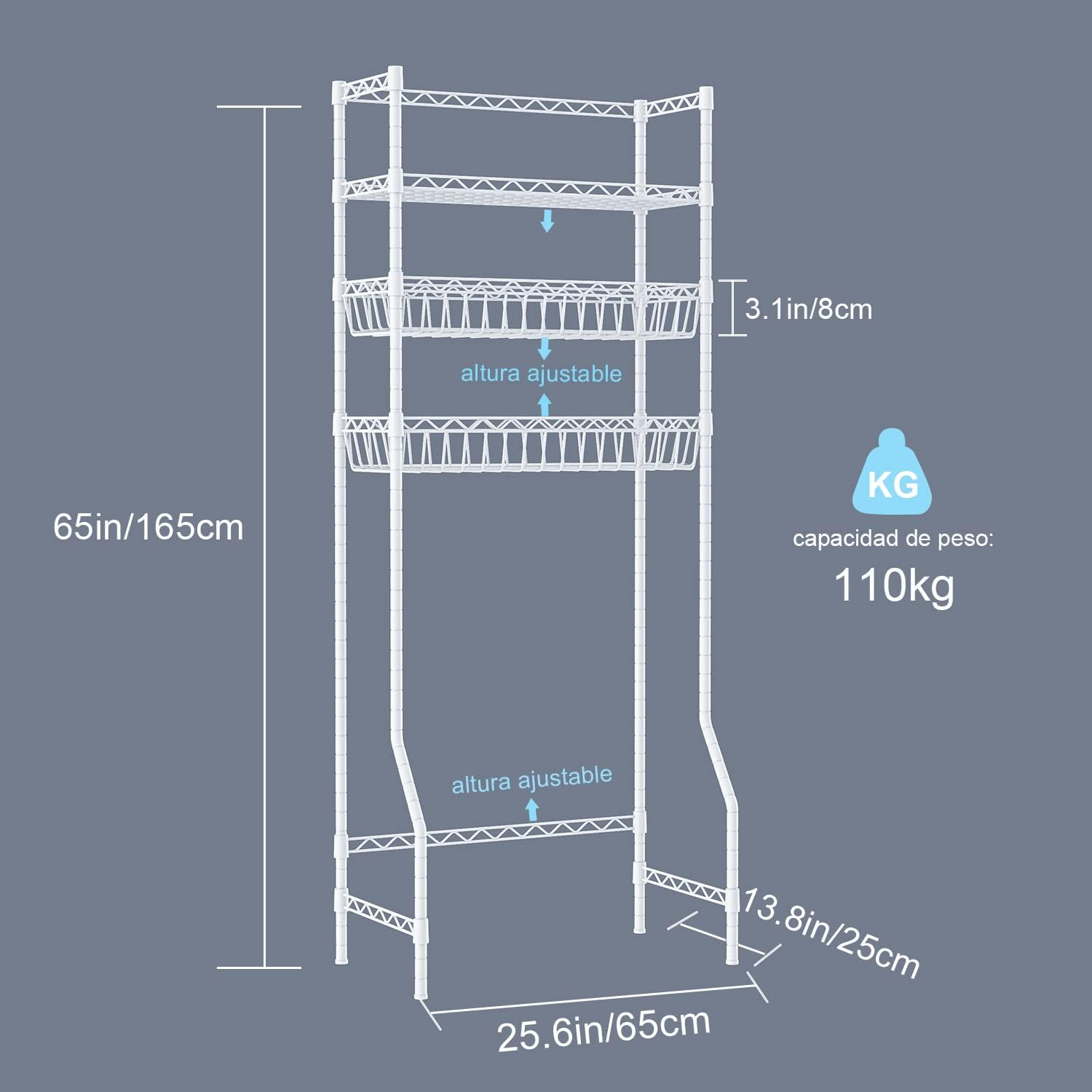 Fuyoula 3 Tier over the Toilet Storage Rack Bathroom Storage Shelf Space Saver Stand above Toilet Wire Shelves Metal Bathroom Organizer Shelf with Adjustable Shelves and Baskets (White) - Black image number 3
