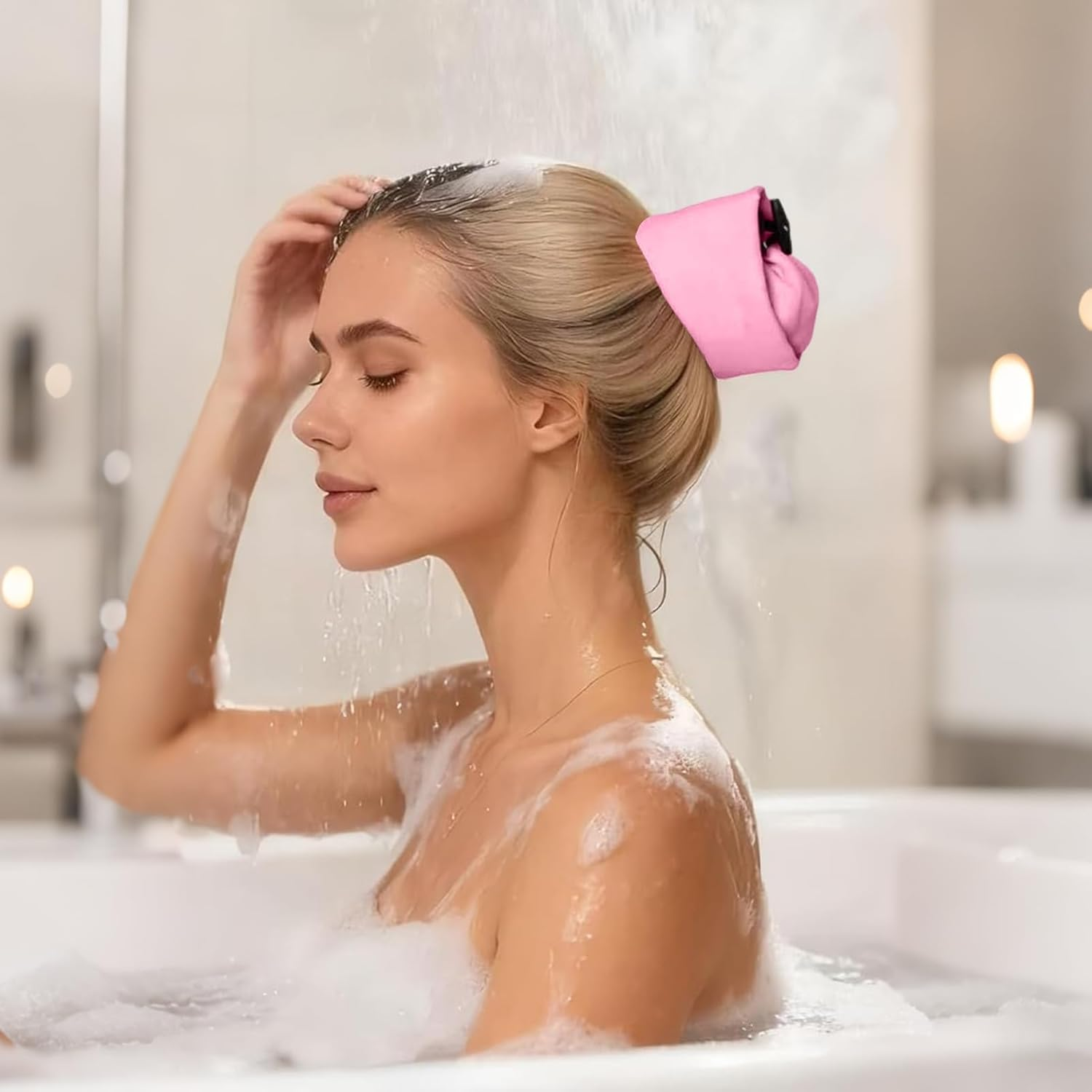 Waterproof Hair Sleeve for Ponytail | Reusable Waterproof Headband - 22X6 Inches Shower Caps Ponytail | for Girls Home Gym Beach Swim Makeup Travel Dreadlocks Braids - Pink image number 2