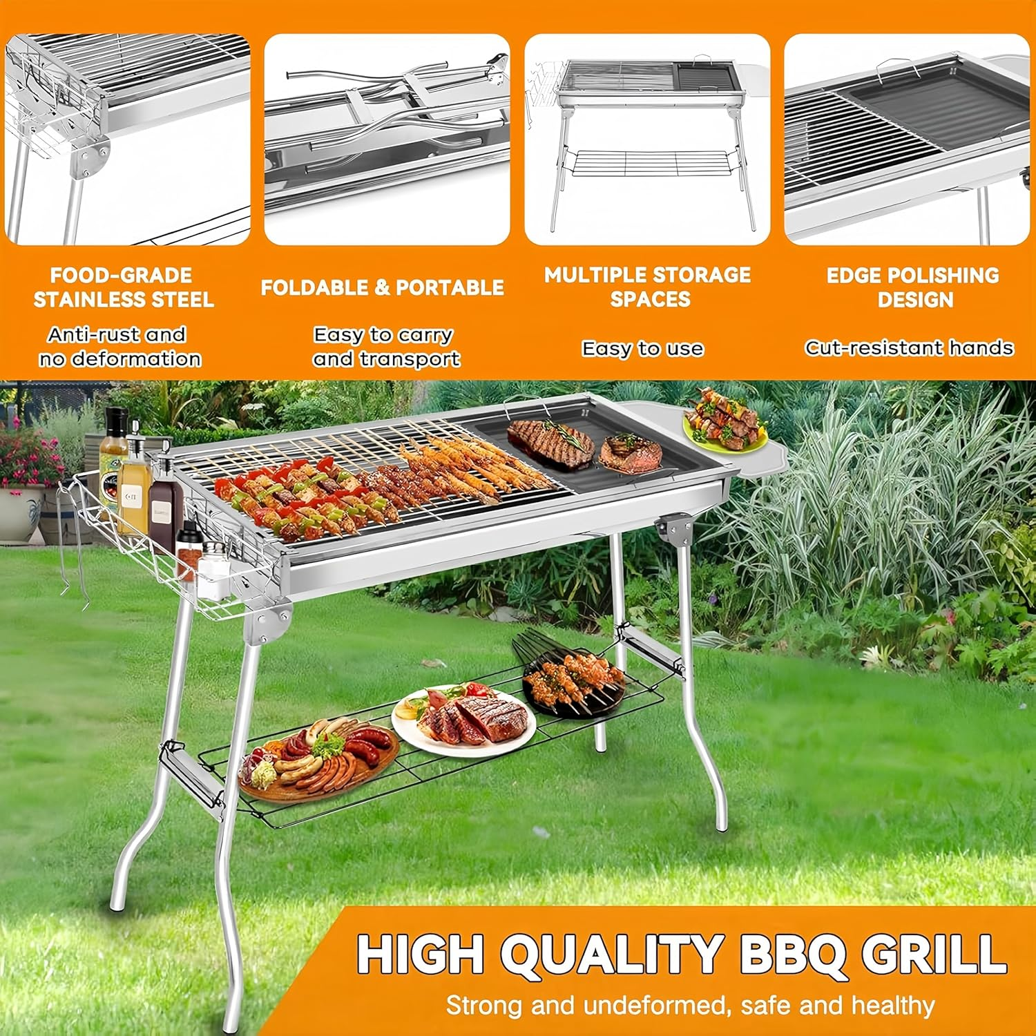 Charcoal Grill, 39 X 12 X 30 Inch Large Foldable Grill, Food Grade Sturdy and Heat-Resistant, Portable Storage Suitable for Five to Ten People, Used for Outdoor Cooking and Camping image number 1