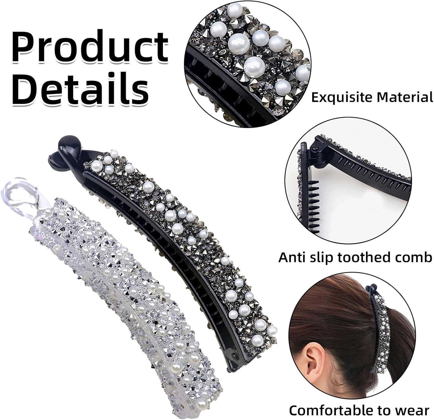 Pack of 2 Banana Clip Hair, Rhinestone Beads Banana Hair Clips, Banana Clip Thin Hair, Suitable for Women, Girls (Black + Silver) (Black + Silver) image number 2