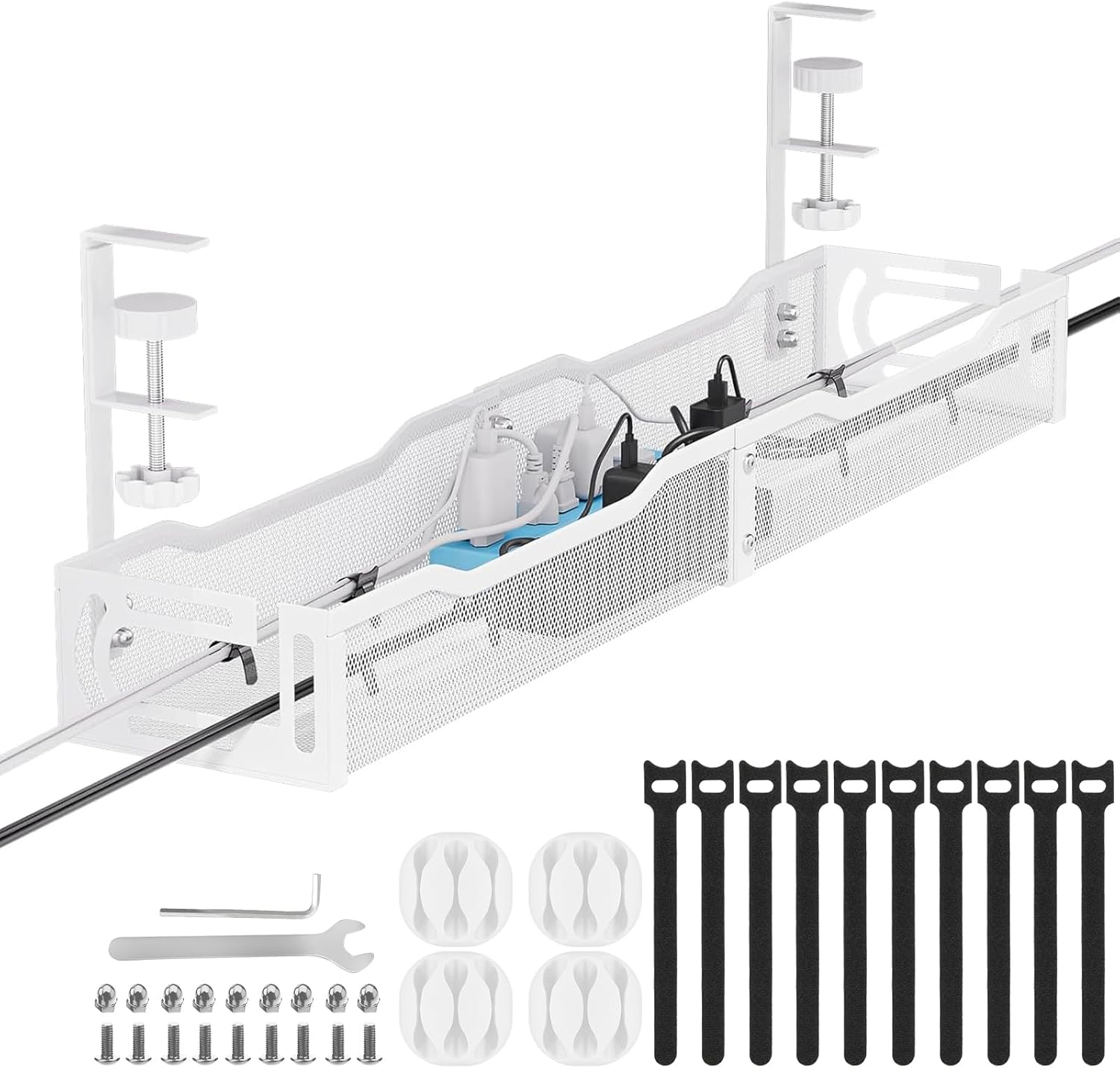 64CM under Desk Cable Management Tray, Cable Organizer, Cable Management Box, Cord Organizer for Desk, under Desk Storage for Office Home - No Drill to Desk Cable Raceway (White)