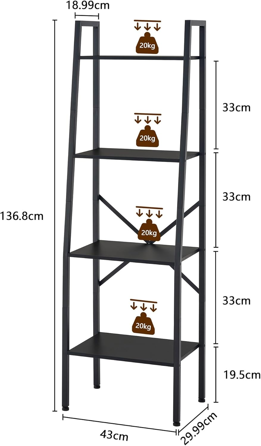 Hoctieon Ladder Shelf Bookcase, 4-Tier Ladder Bookshelf, Tall Bookshelf with Metal Frame, Industrial Bookshelf Ladder, for Living Room, Kitchen, Home Office, Bedroom, Simple Assembly, Black image number 3