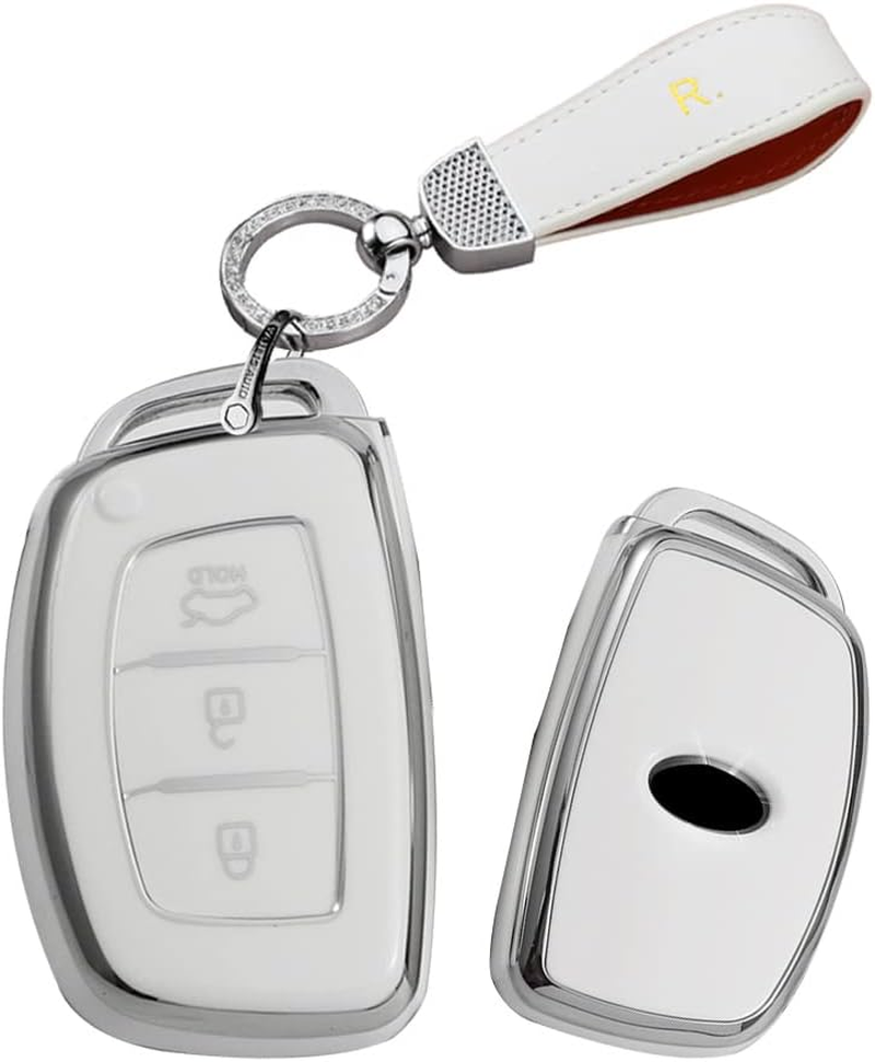 HIBEYO Key Fob Cover for Hyundai Tucson Sonata Fe Creta Mistra Elantra Ioniq Venue IX35 I10 I20 I30 I40 Solaris Kona Accent 2018-2022 Car Accessories TPU Silver-Edge with Leather Keychains-Whtie