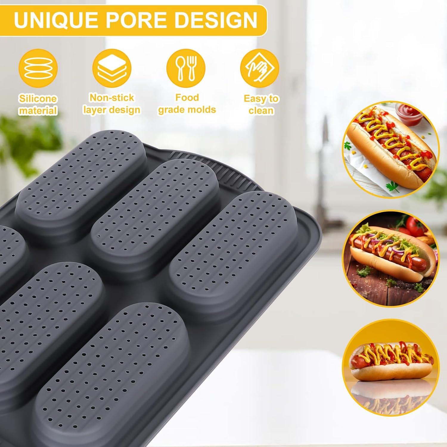 TOWEBOORY Silicone Bread Mold, Hot Dog Baking Molds with 6 Cavities and Oil Brush Non Stick Loaf Baking Pan Tray for Homemade Baking French Baguettes Hot Dog Buns (Gray) - Brown image number 3