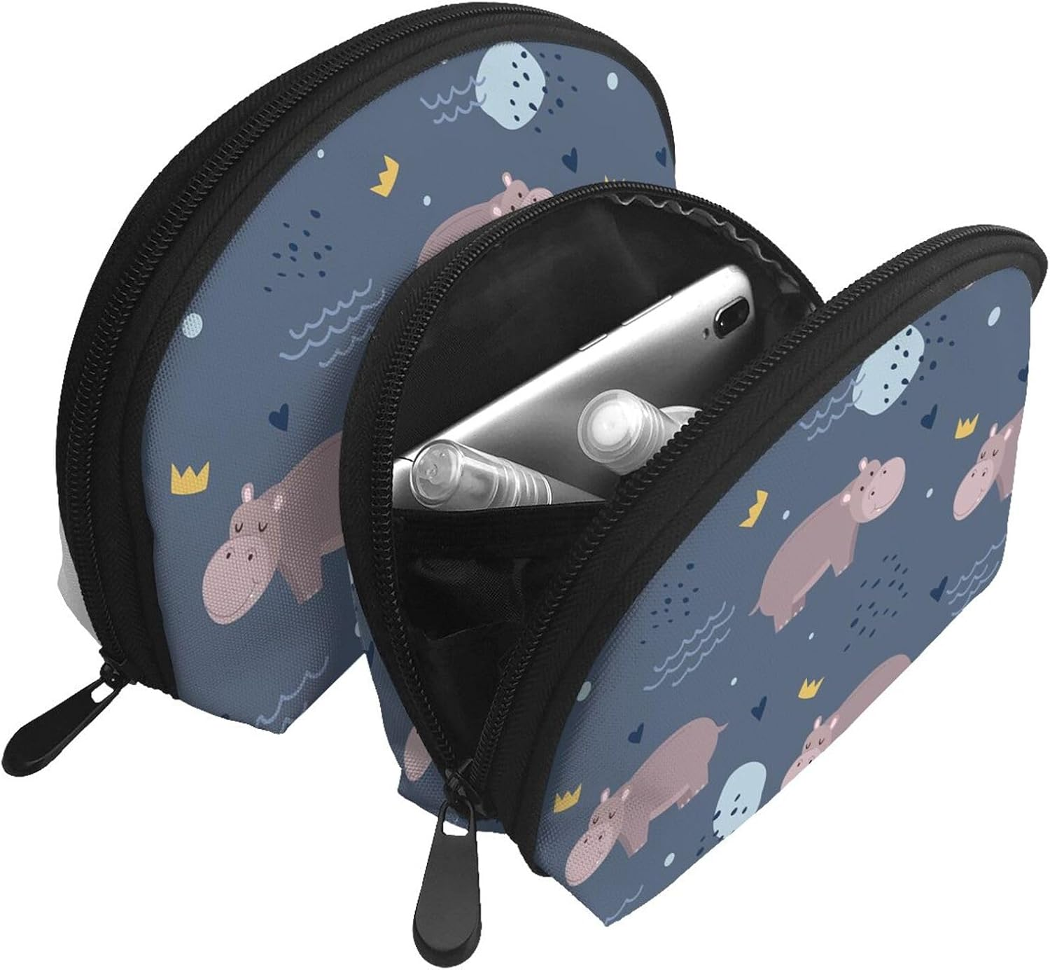 Cozimangoe Coin Pouch Makeup Bags Set, 2 Piece Shell Shape Cosmetic Bag with Pockets for Daily Travel Handbag Lipstick Keys Toiletry, Personalized Hippo Animal image number 1