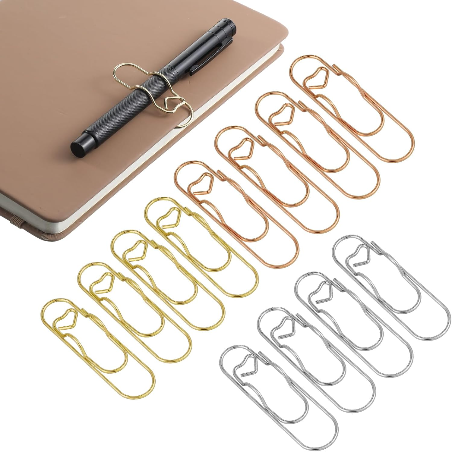IANFAN 12 Pcs Metal Pen Clips for Notebook, 2.8 Inch Paper Clip Pen Holder for Notebooks Papers Planner Jumbo Office Supplies, Gold/Red/Silver Heart Shape image number 3