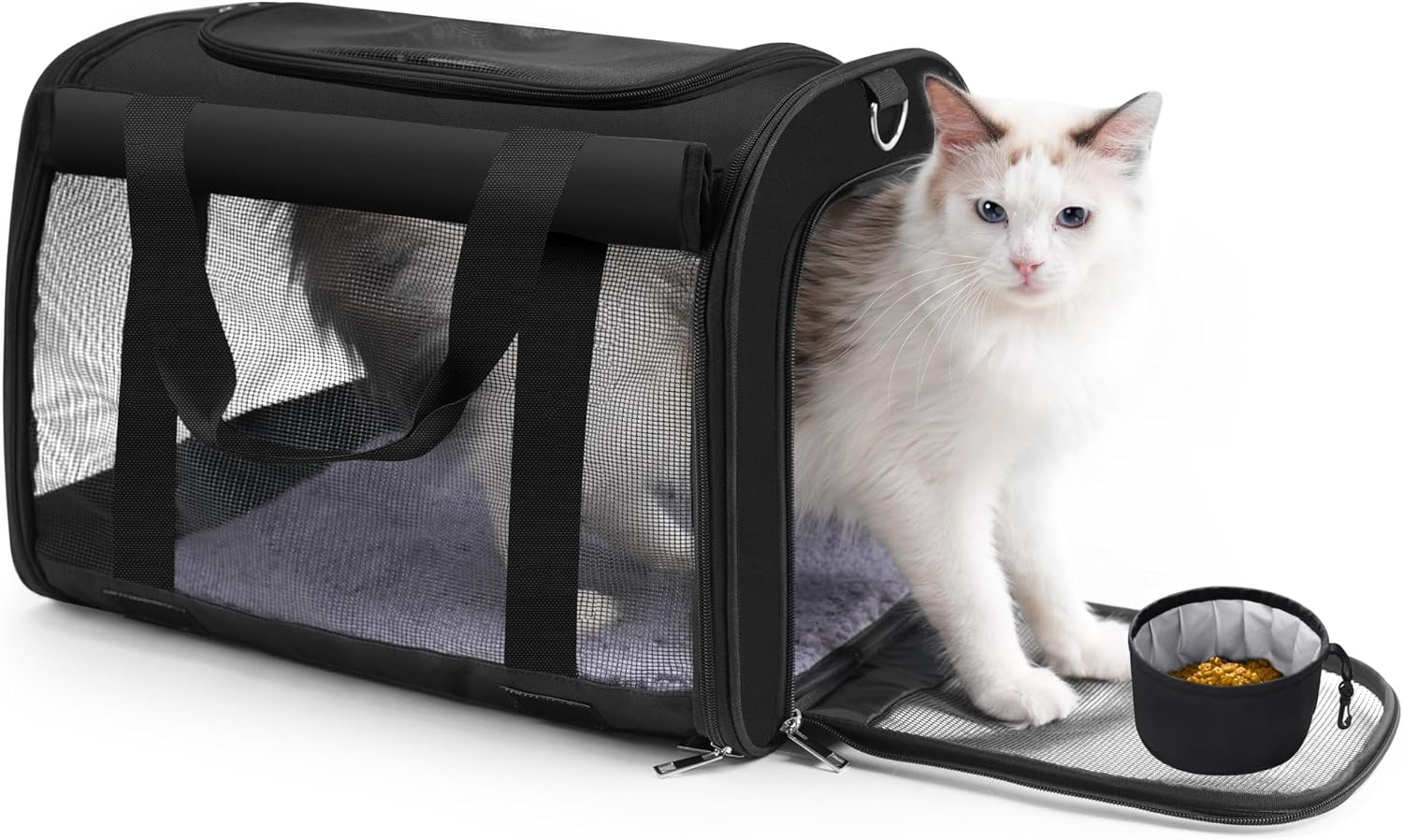TWDEPART Dog, Cat Carrier- Durable, Ventilated & Foldable with Roll-Up Shade, Includes Free Collapsible Bowl & Cushion for Stress-Free Travel (Black)