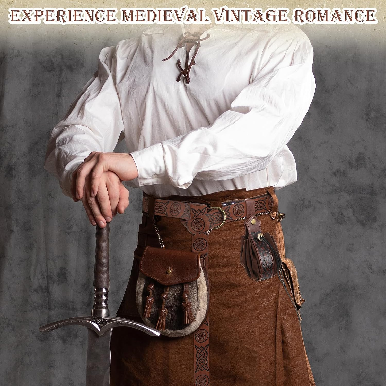 CIATBYYJ 2 Pcs Medieval Viking Belt with Faux Leather Pouch, Vintage Renaissance Belt Pouch Dice Bag, Retro Nordic Belt Pouch, Portable Bag Renaissance Costume Accessories(Brown), Brown, 168Cm/66Inch image number 5