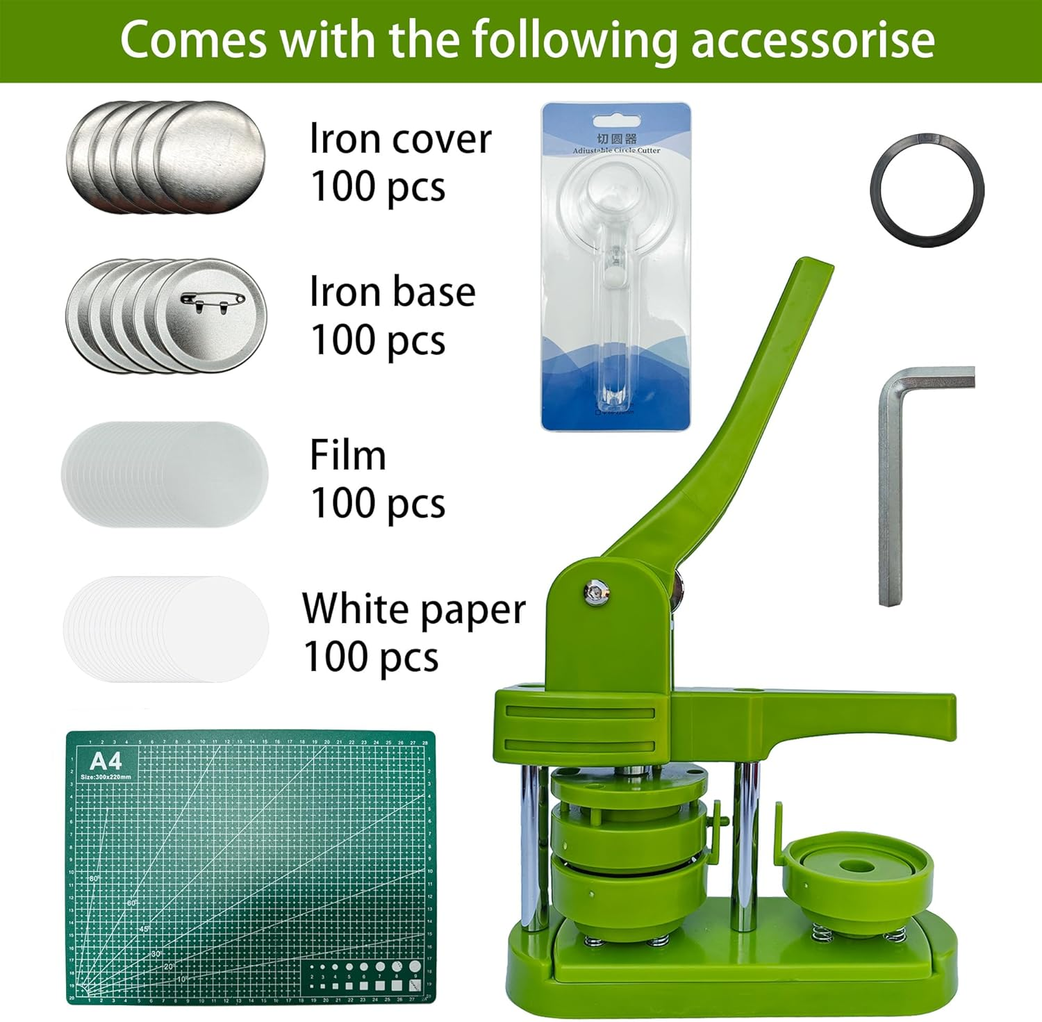 Virellisee Button Maker Machine 58Mm (2.25 In) Installation-Free DIY Button Pin Maker Machine,Green Button Press Machine with Free100 Sets 58Mm Button Maker Supplies&Circle Cutter