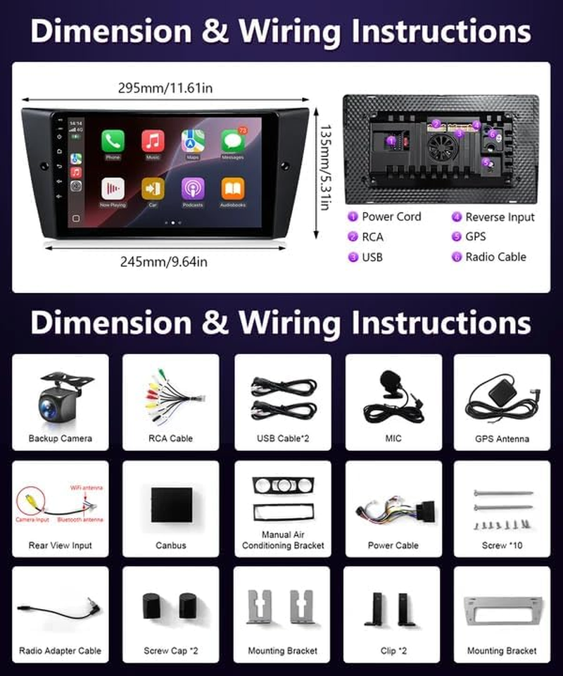 Car Stereo for BMW 328I 335I 325I E90 E91 E92 E93 2005-2011 Radio Wireless Carplay Android Auto, 9" IPS Touch Screen for BMW 328I Stereo BT/FM RDS Dsp/Gps/Wifi/Swc/Ahd Camera + CANBUS(4+64GB) image number 2