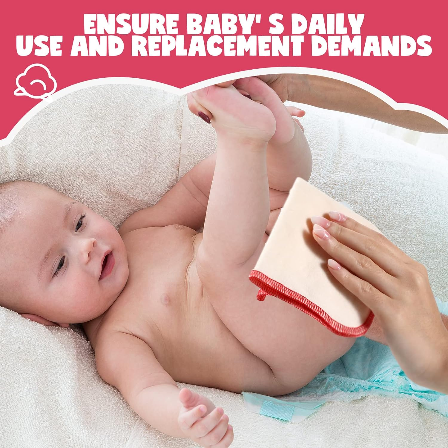 Meekoo 45 Pcs Unbleached Flannel Cloth Baby Wipes Reusable Baby Diapers Wipes 8 X 8 Inch Soft and Sturdy Washable Natural Cloth Tissues Outer Stitching(Red) image number 5