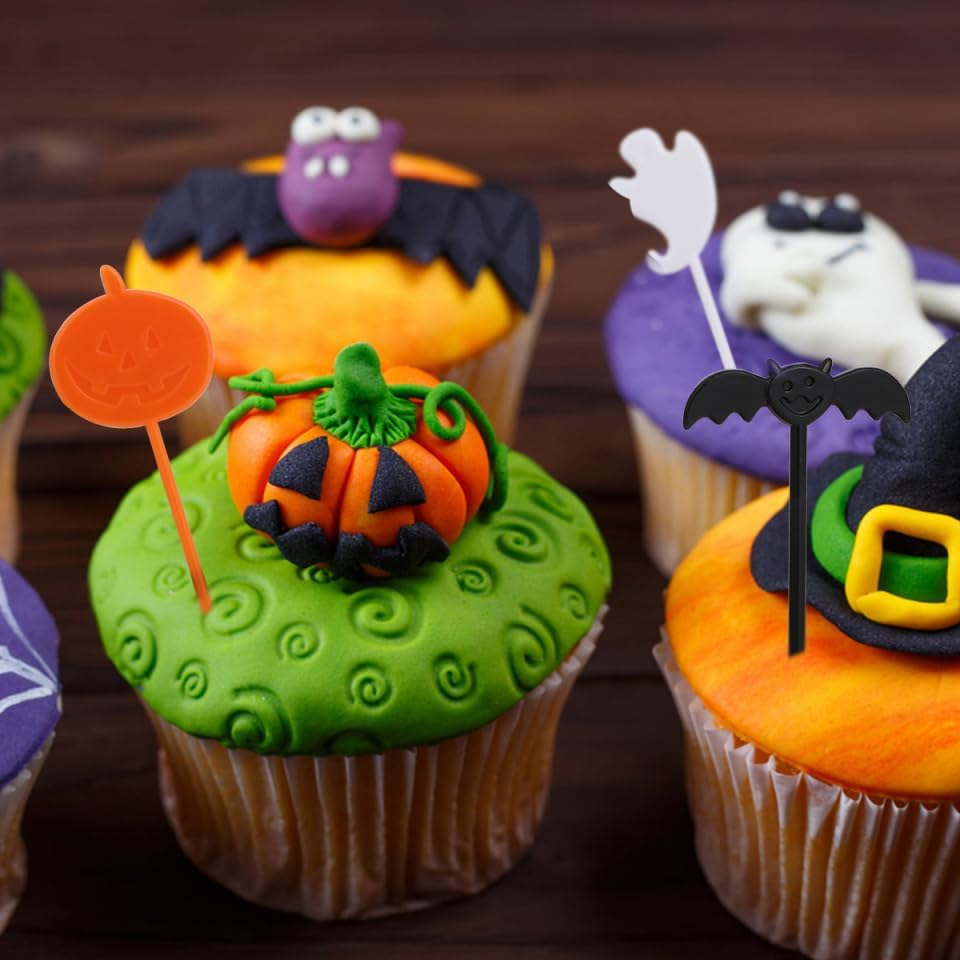 LABRIMP 40Pcs Halloween Cake Toppers Cupcake Decor Party Supplies Pumpkin Bat Cupcake Decorations Kids Adults image number 1