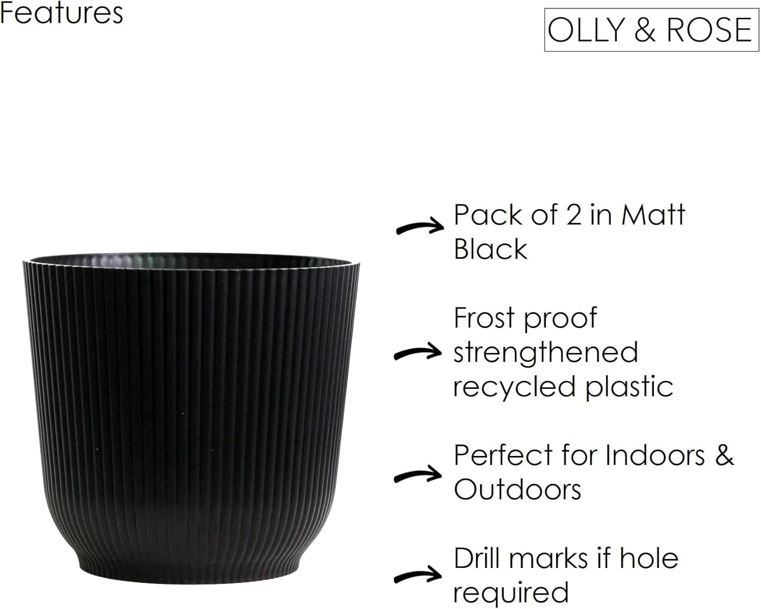 Olly & Rose Oxford Flower Pot Black Planters - Pack of 2 - Indoor Outdoor Flower Pot for Garden and Home image number 3