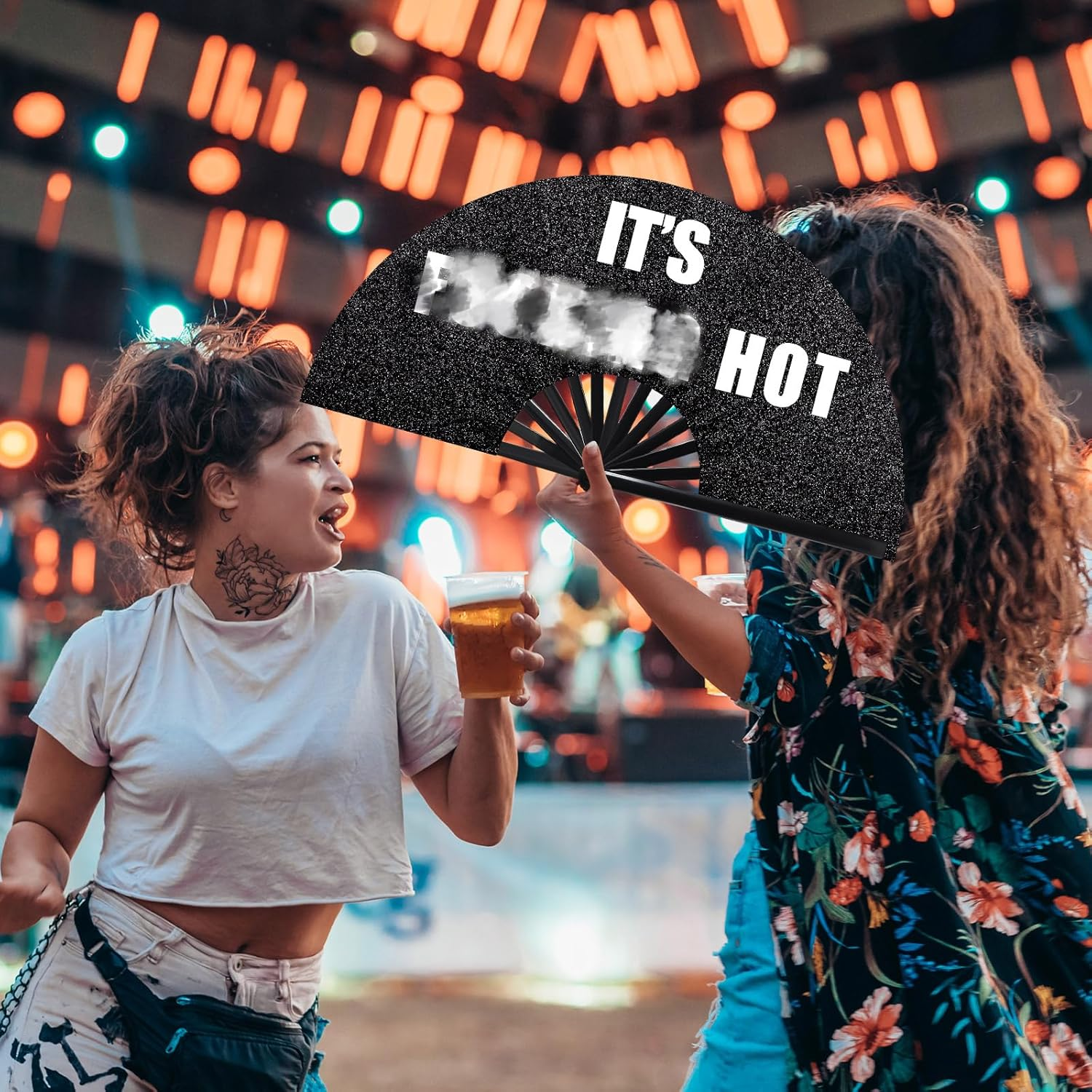 Ripeng 13'' Large Folding Fans for Line Dancing Glitter Large Rave Hand Fan Boots on the Ground Clack Rave Fan for Women with Leg Strap and Fabric Case Bag for Edm Music Party Decor(Black,Cool) image number 5