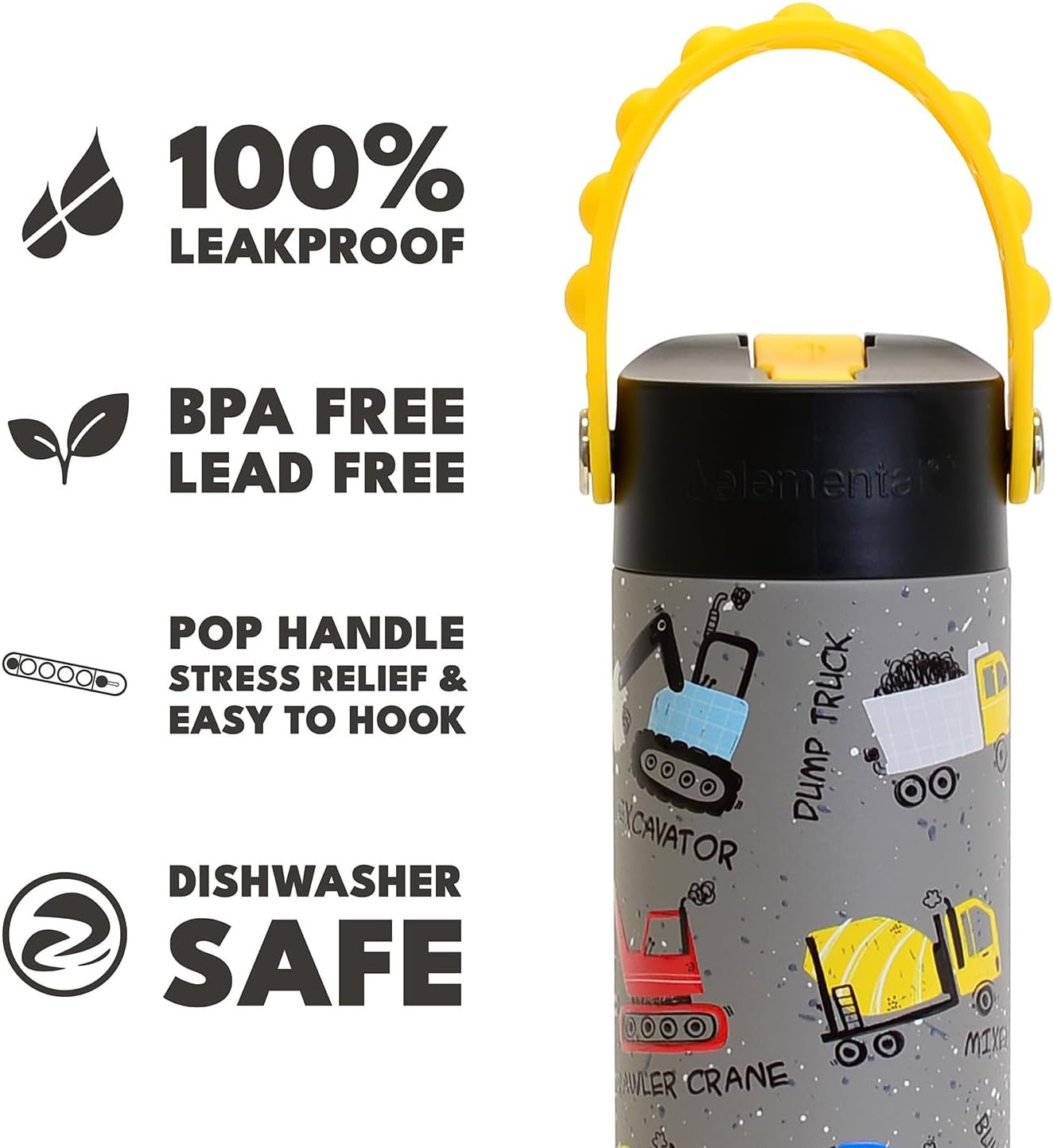 Elemental Insulated Kids Water Bottle, Stainless Steel Water Bottle with Straw Lid & Stress Reliever Pop-It Handle, Leak-Proof Water Bottles for School, Travelling and Sports, 530Ml - Construction image number 4