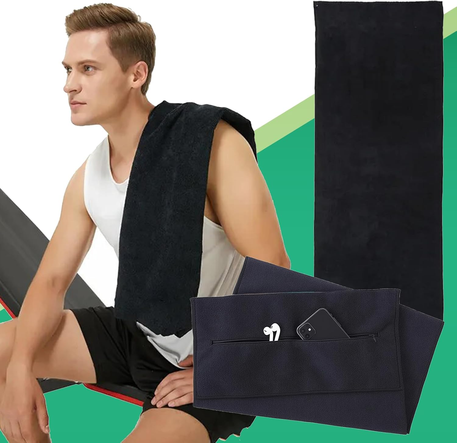 Premium Fitness Towel 50X130Cm Large Microfiber Gym Towel with Hidden Pocket Ultra Absorbent,Quick Dry Workout Towel for Yoga,Running Training Black Sports Towe image number 5